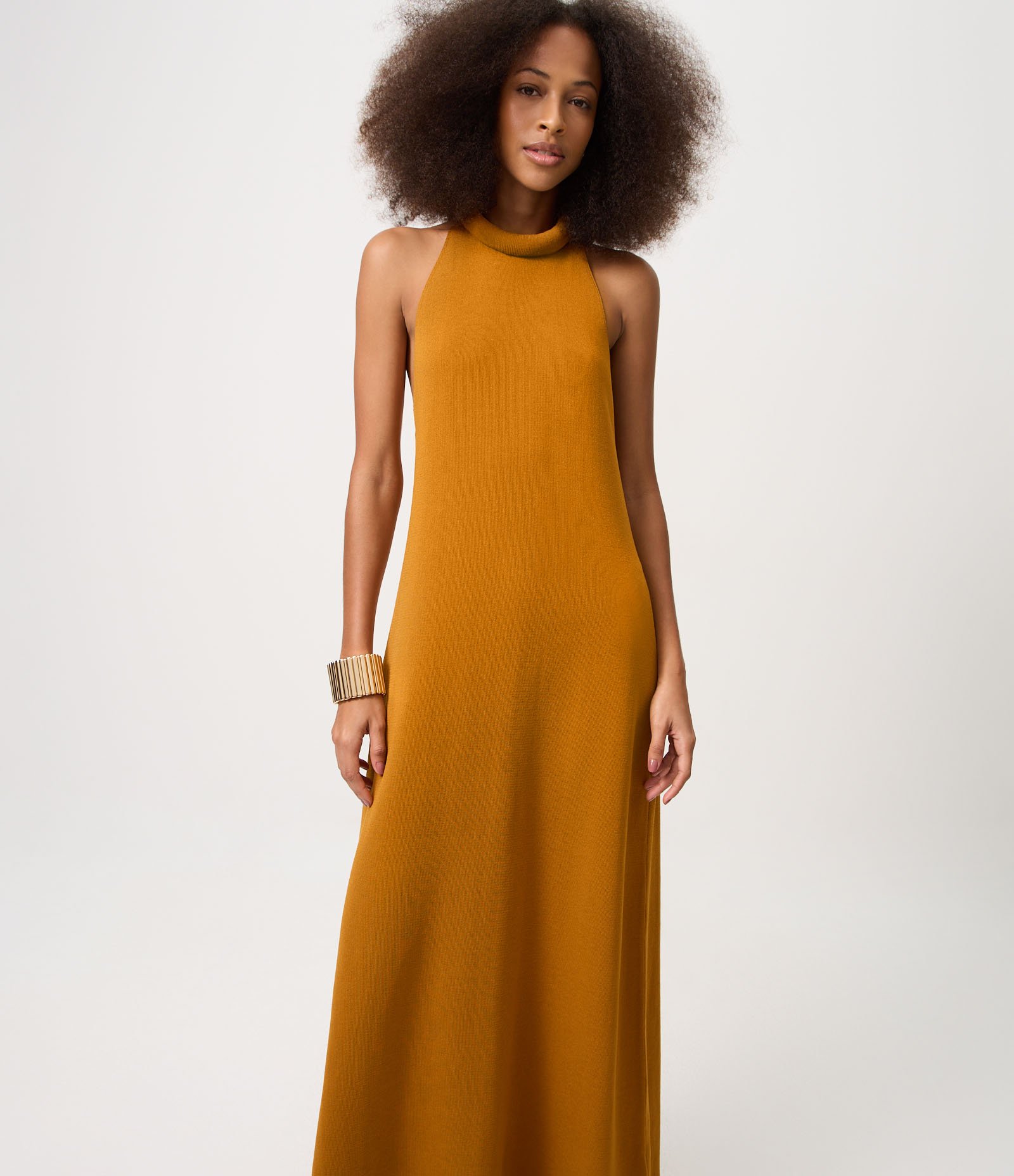 Vestido Midi em Tricô com Gola Dobrada Marrom 1