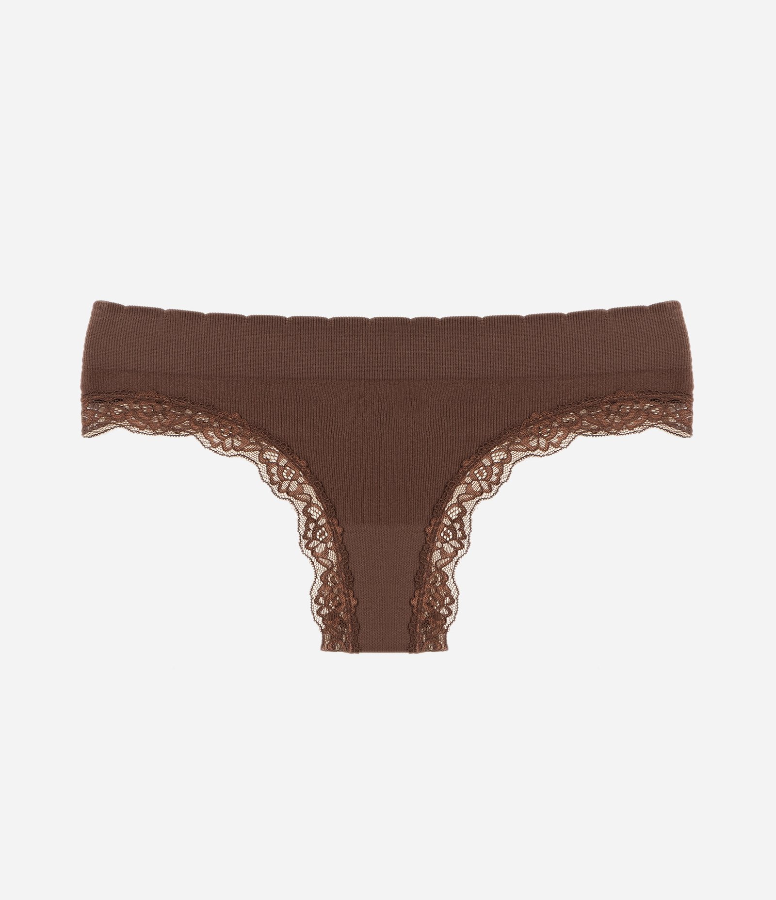 Calcinha Biquíni Fio em Poliamida Seamless com Renda Marrom 5