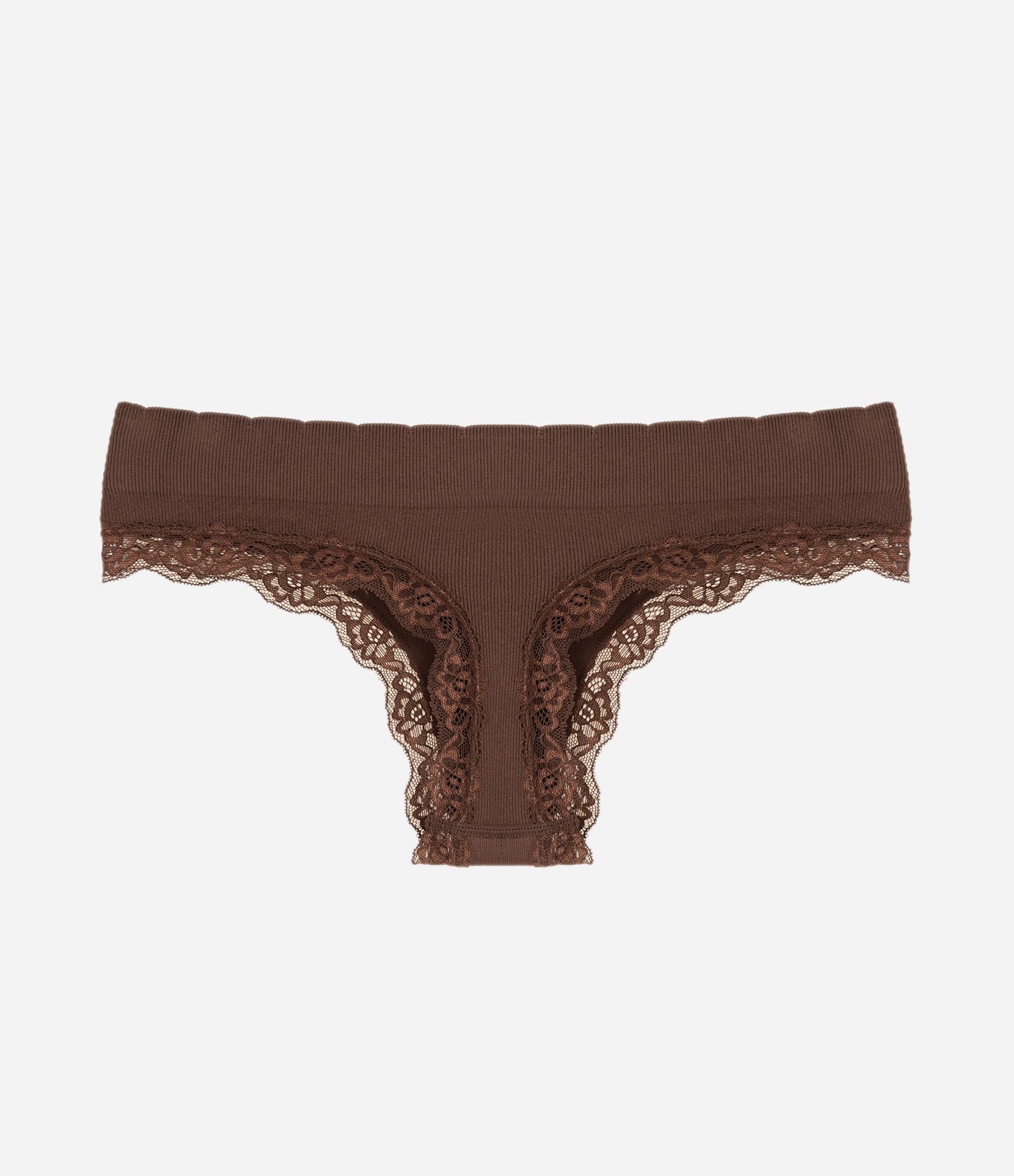 Calcinha Biquíni Fio em Poliamida Seamless com Renda Marrom 6