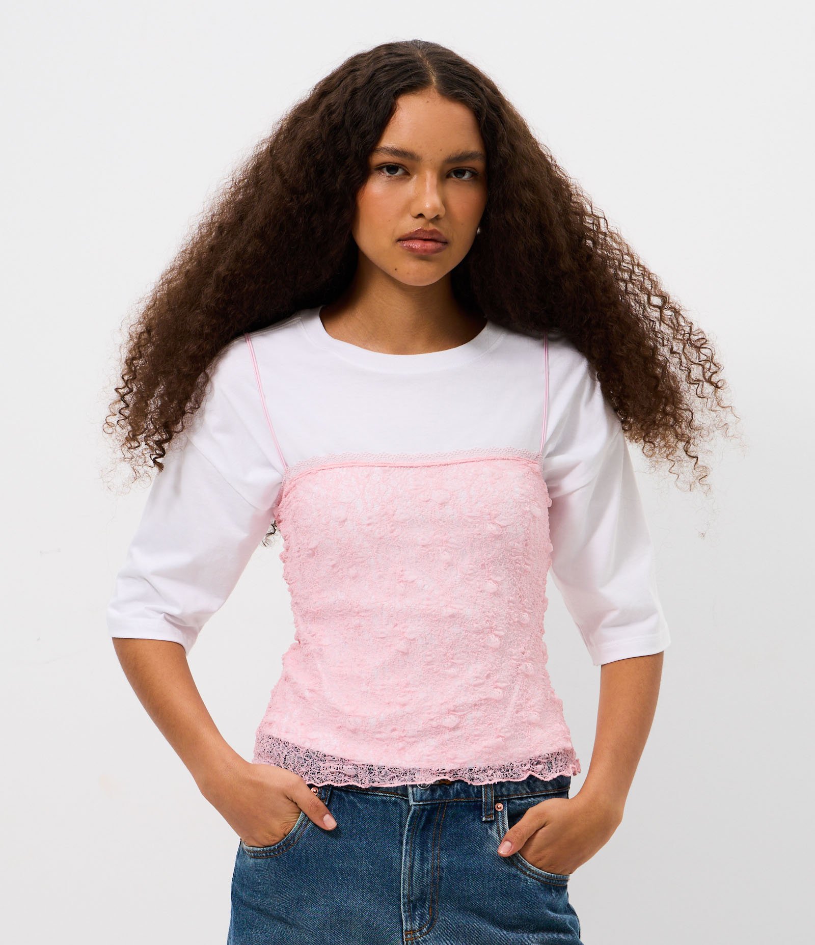 Blusa de Alcinha Dupla em Renda Texturizada Rosa 1