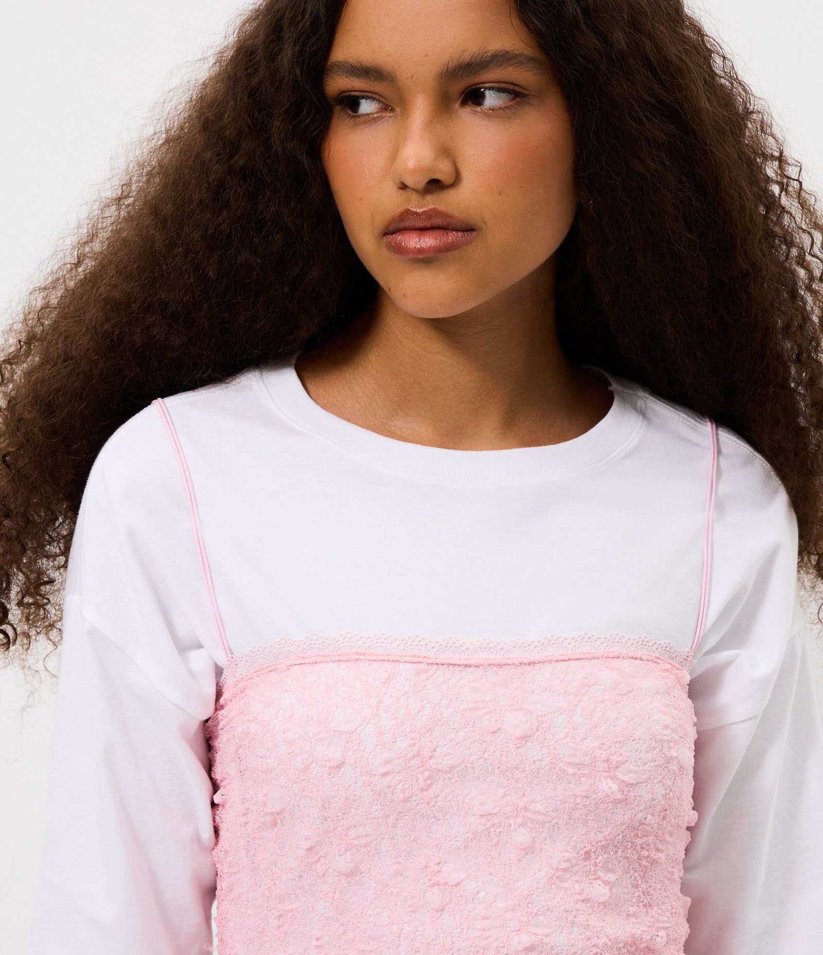 Blusa de Alcinha Dupla em Renda Texturizada Rosa 3