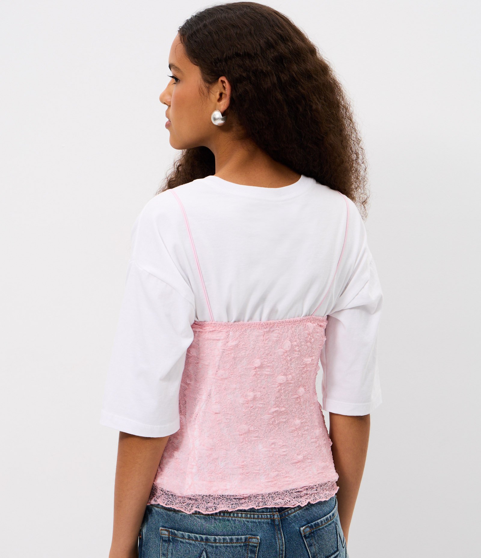 Blusa de Alcinha Dupla em Renda Texturizada Rosa 4