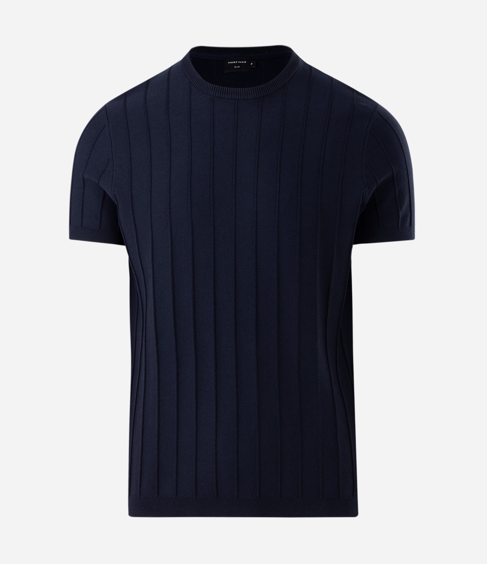 Camiseta Slim em Tricô com Relevos Verticais Azul Marinho 7