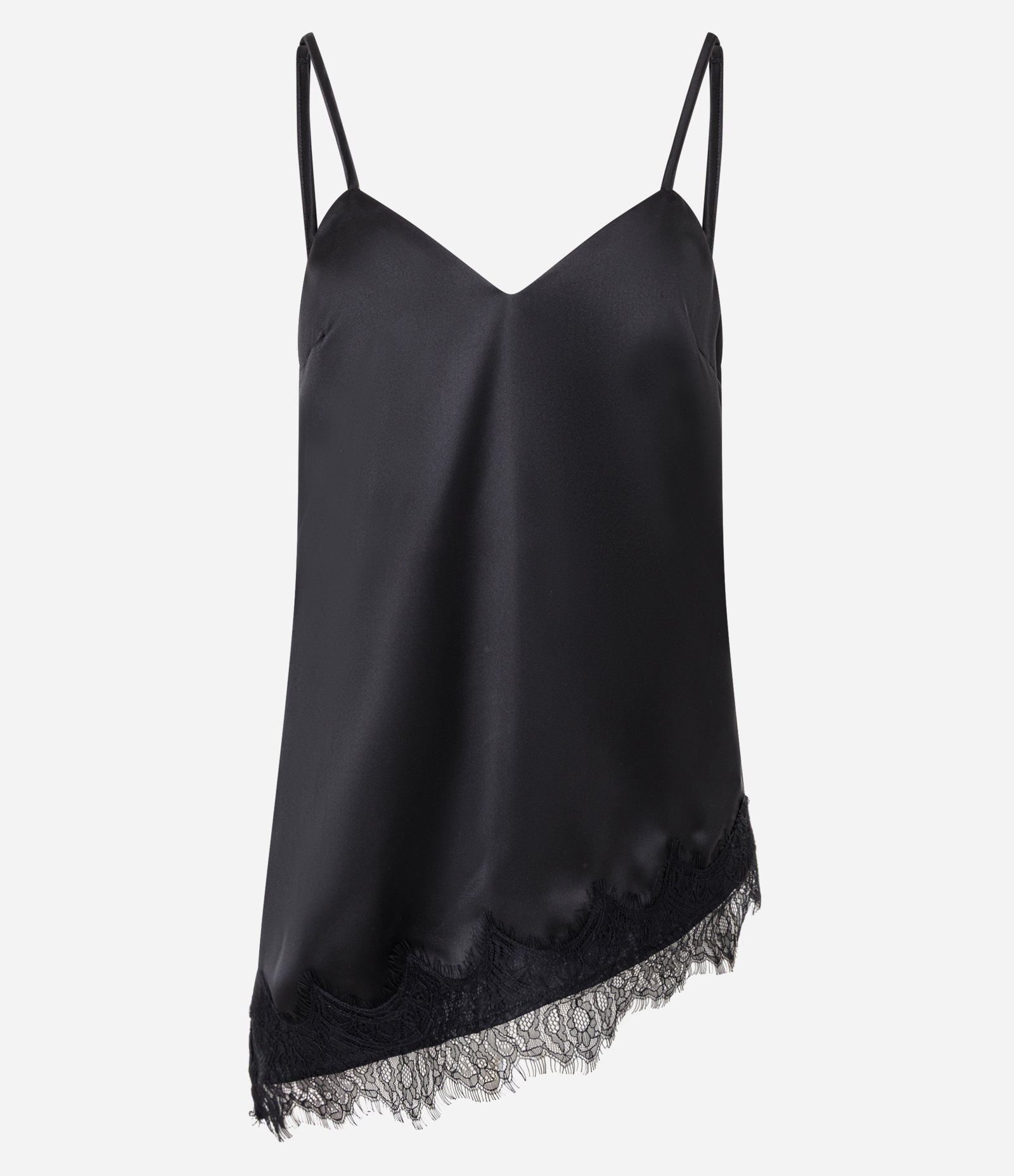 Blusa Assimétrica em Cetim com Aplicação de Renda na Barra Preto 1