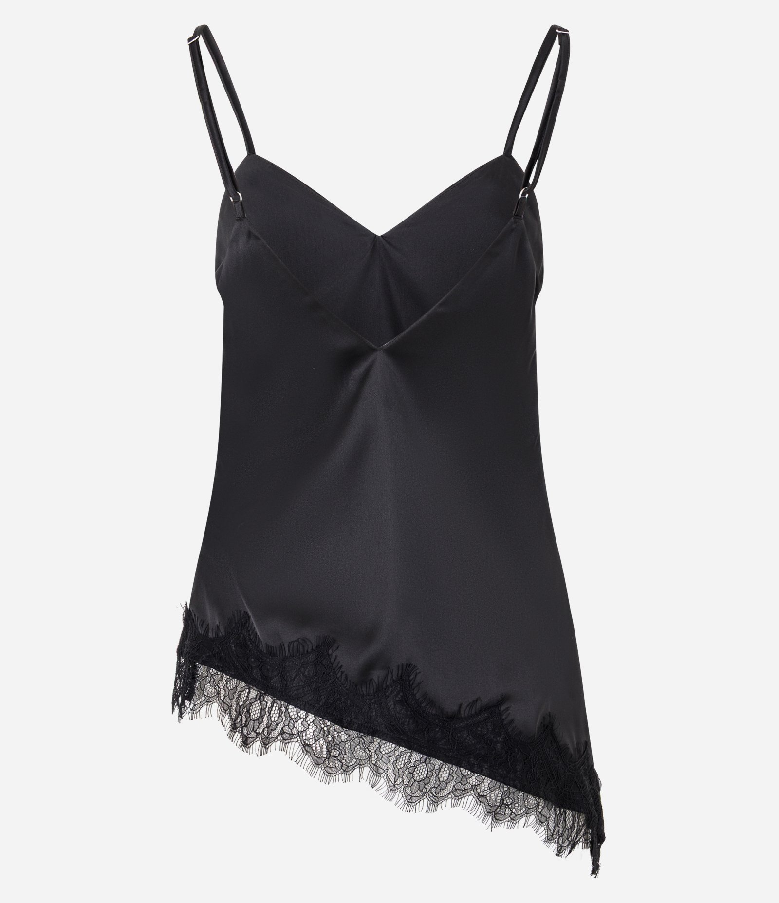 Blusa Assimétrica em Cetim com Aplicação de Renda na Barra Preto 2