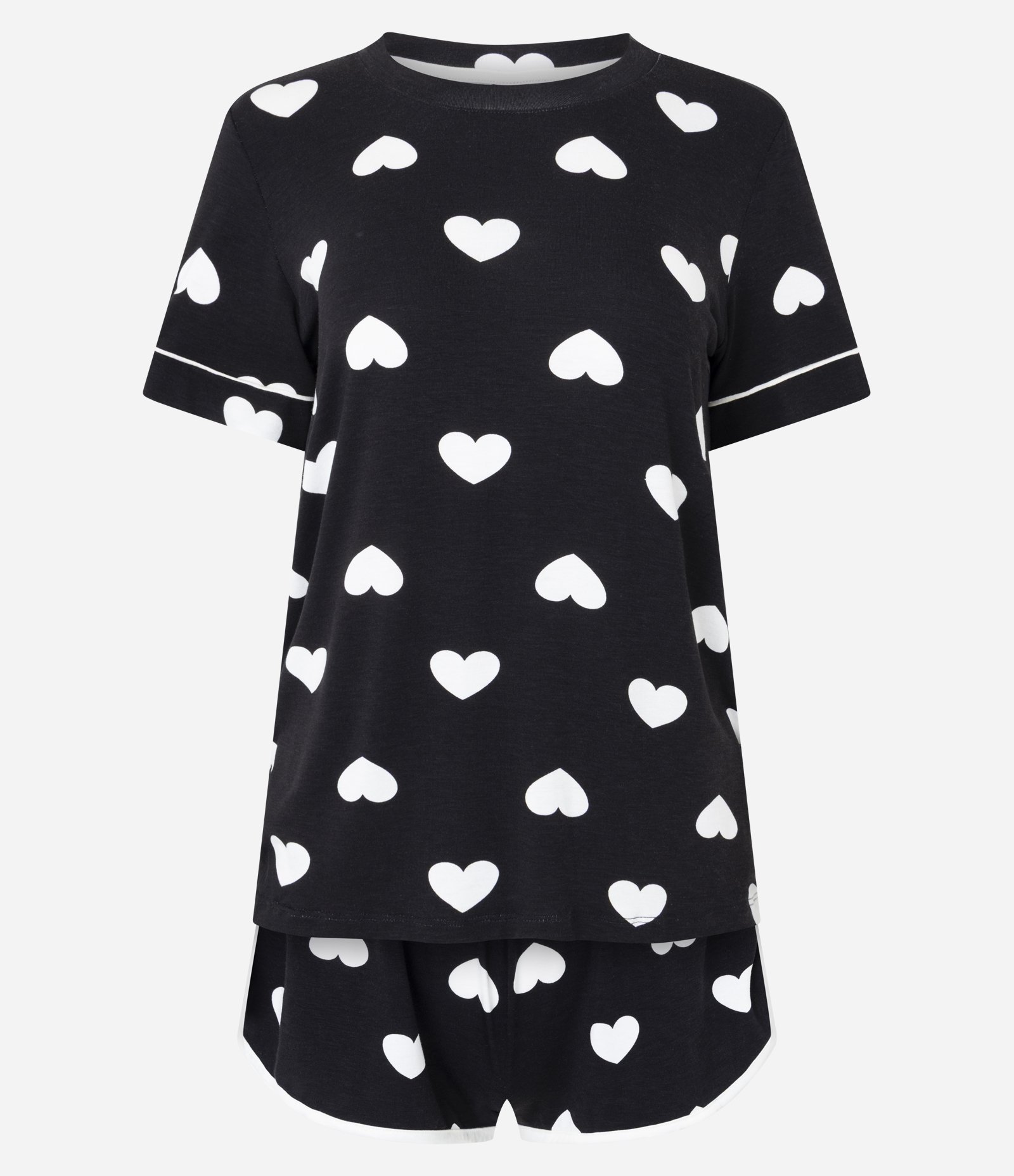 Pijama Curto em Viscolycra com Estampa de Corações Preto/Branco 1