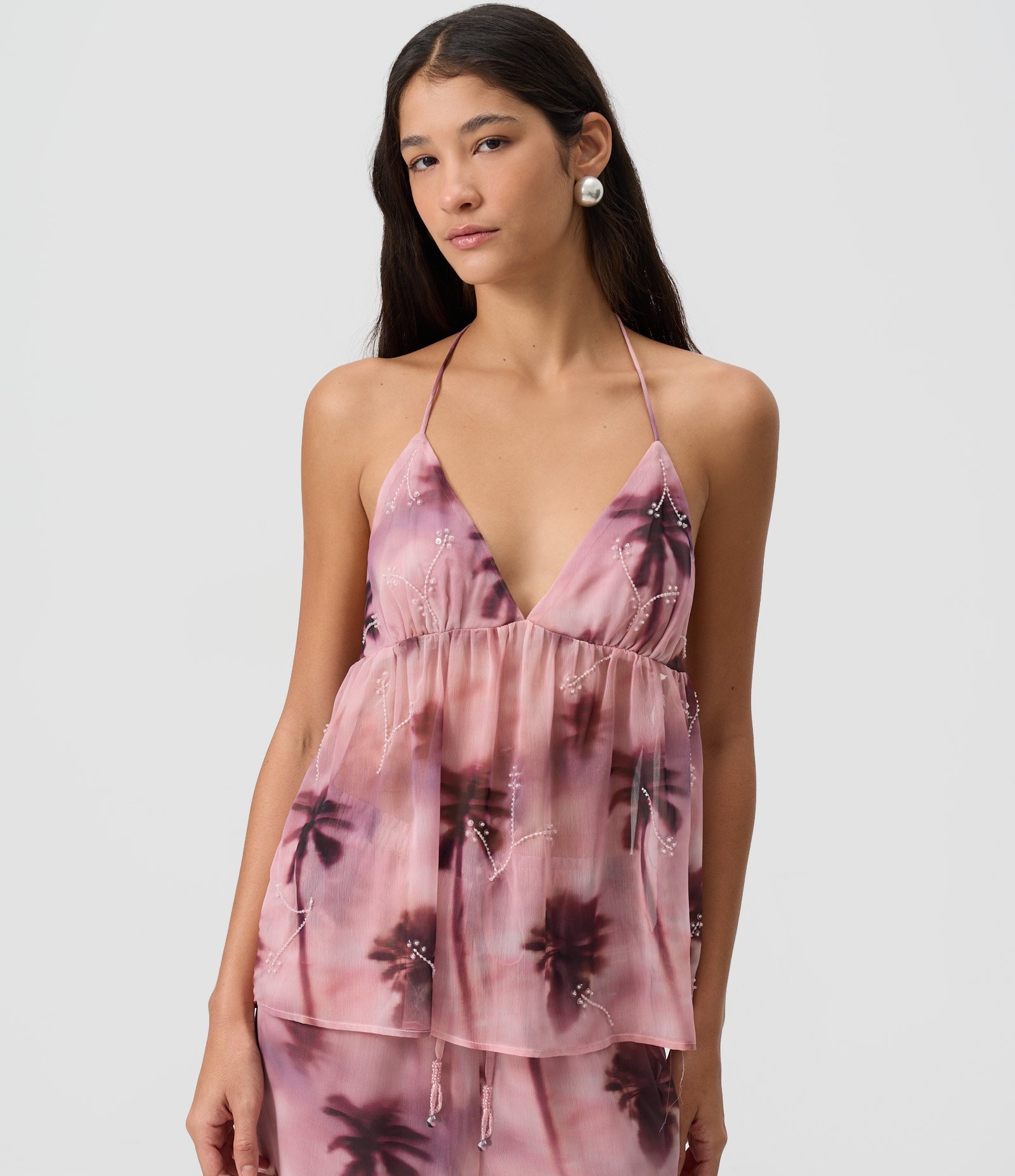 Blusa Frente Única em Chiffon com Estampa Abstrata e Bordados Lilás 3