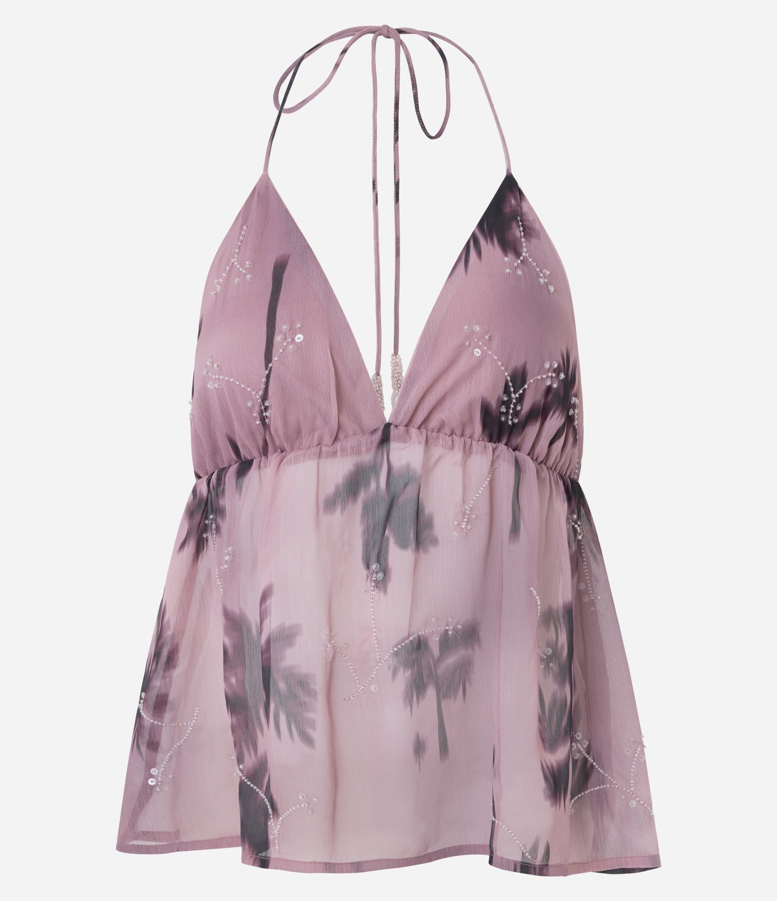 Blusa Frente Única em Chiffon com Estampa Abstrata e Bordados Lilás 6