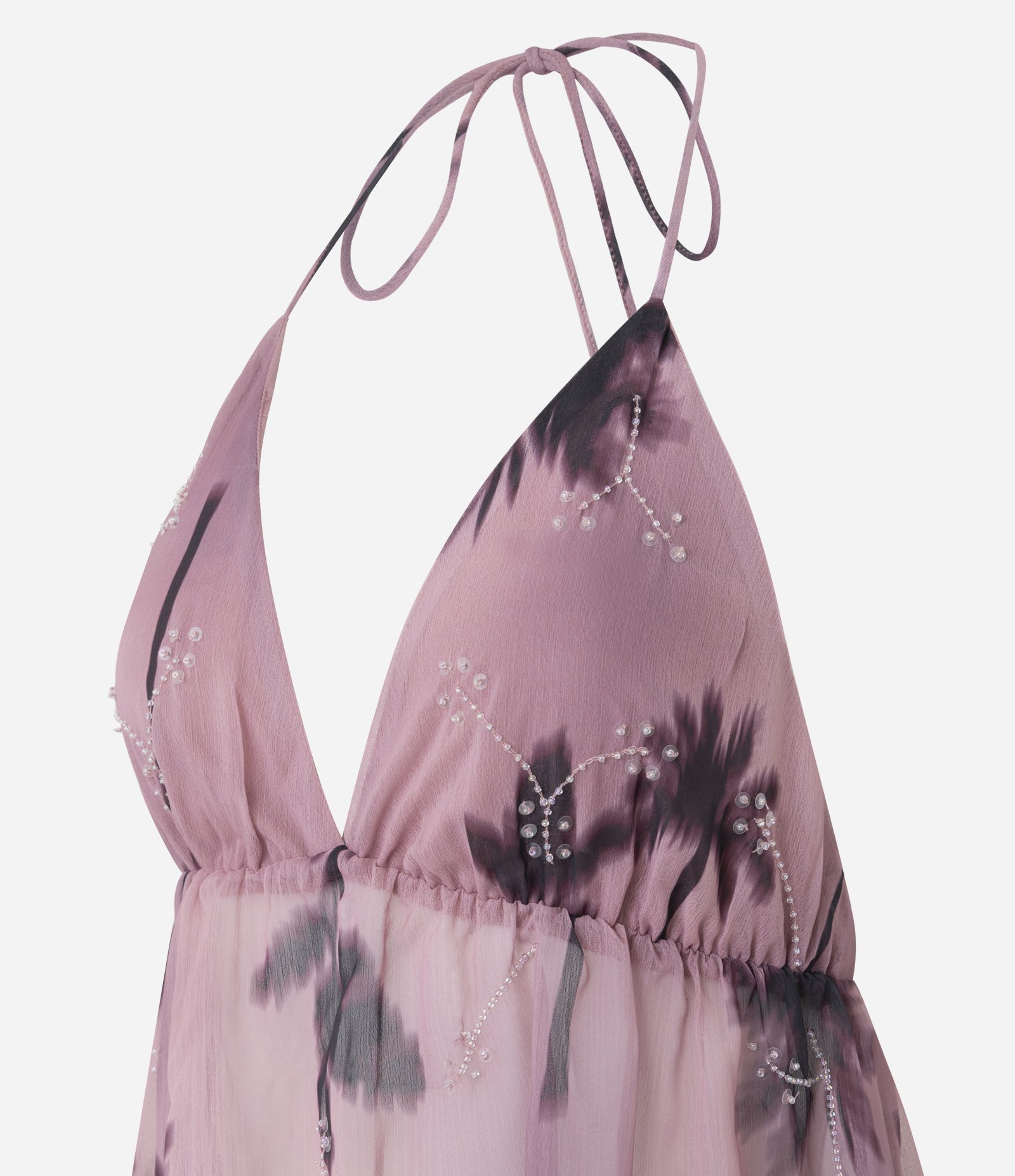 Blusa Frente Única em Chiffon com Estampa Abstrata e Bordados Lilás 7