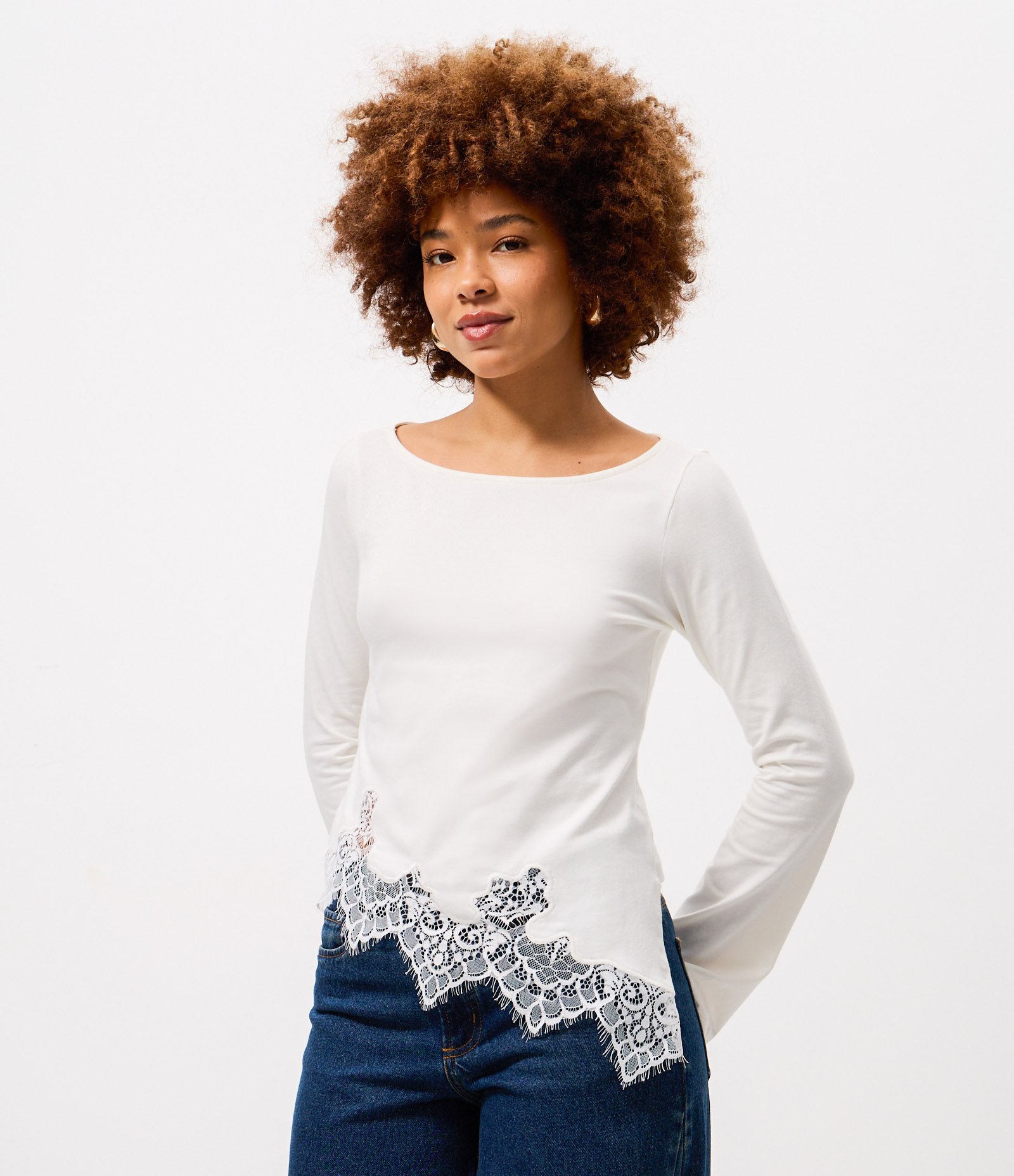 Blusa em Algodão com Barra Assimétrica Rendada Branco 1