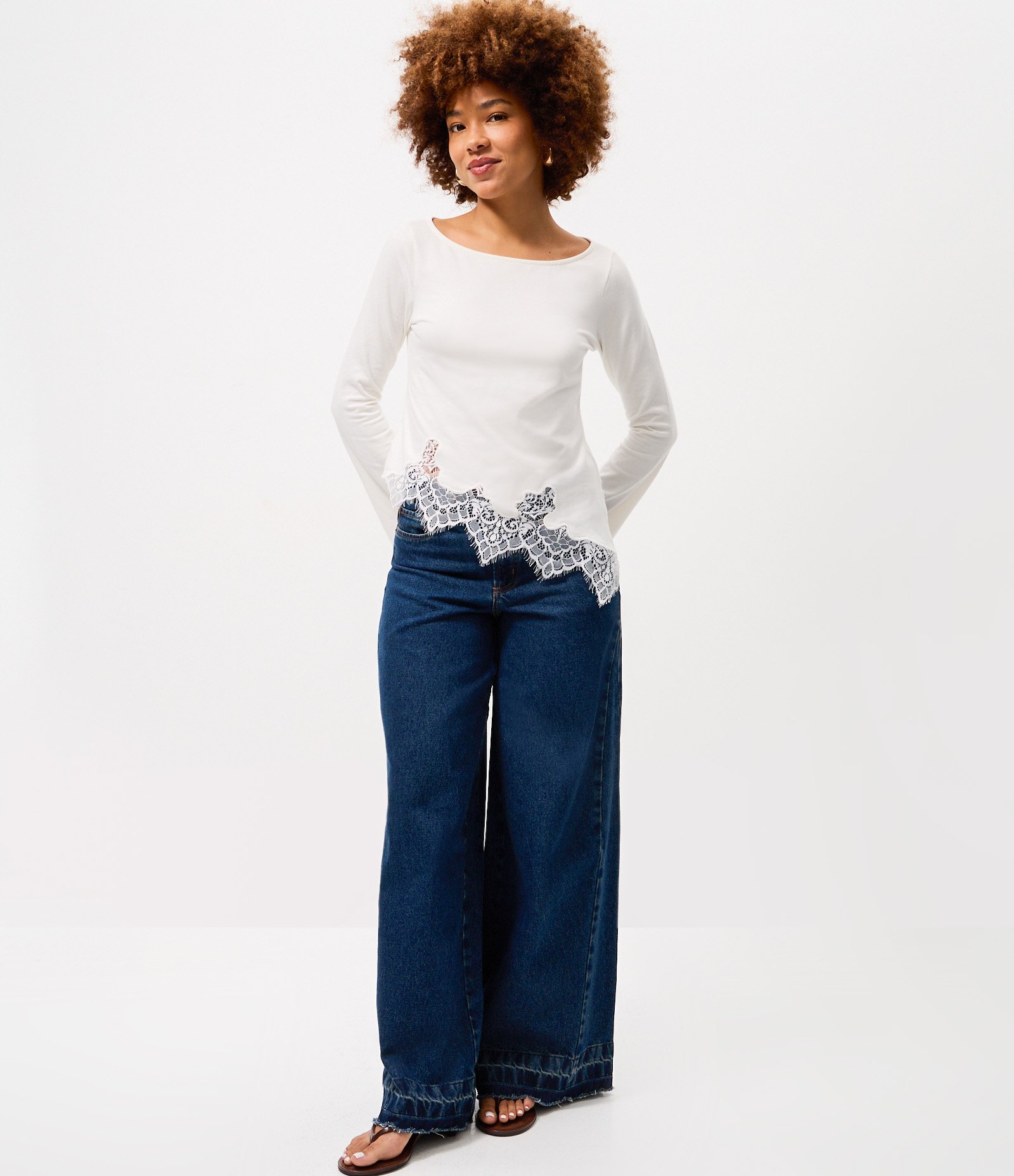 Blusa em Algodão com Barra Assimétrica Rendada Branco 2