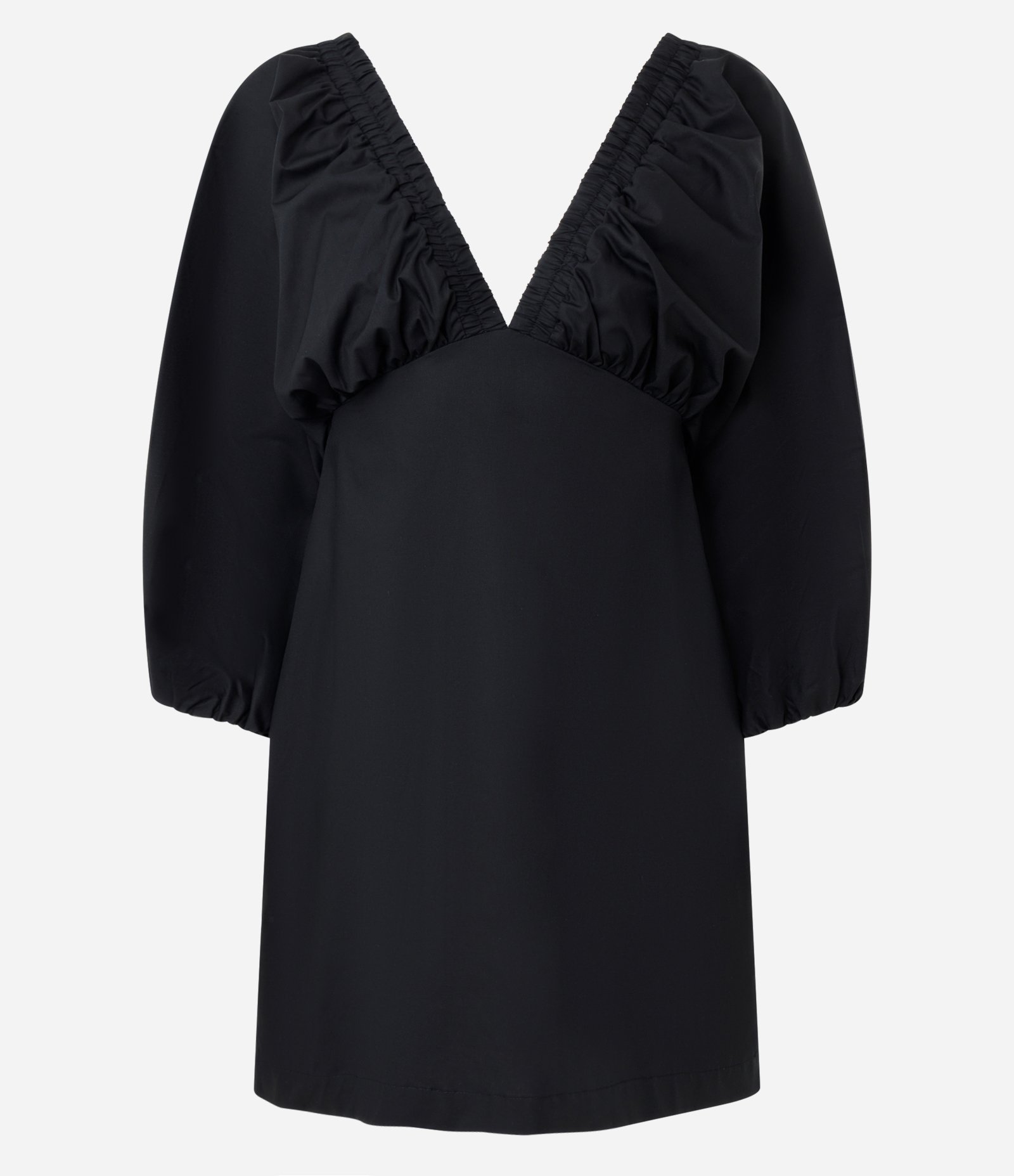 Vestido Curto em Tricoline com Manga Bufante e Decote V Preto 1