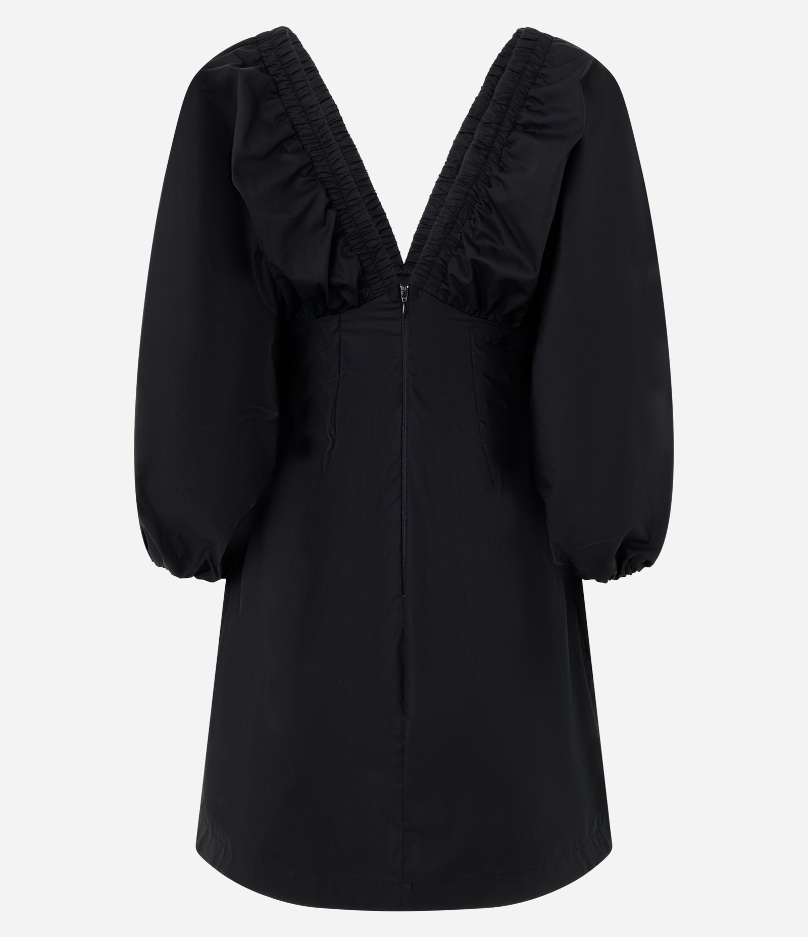 Vestido Curto em Tricoline com Manga Bufante e Decote V Preto 2