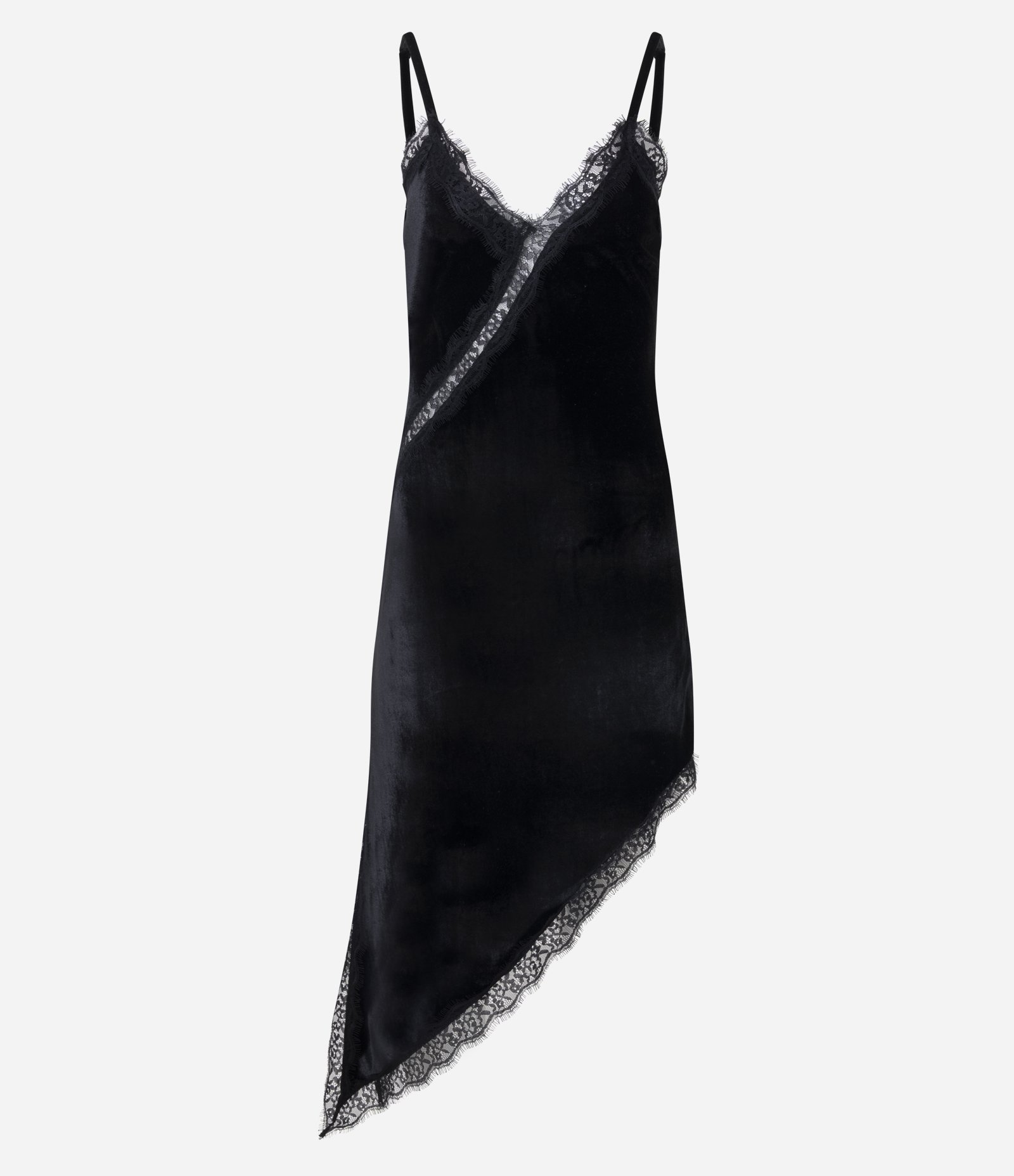 Vestido Midi Assimétrico em Veludo com Alcinha e Detalhes em Renda Preto 5
