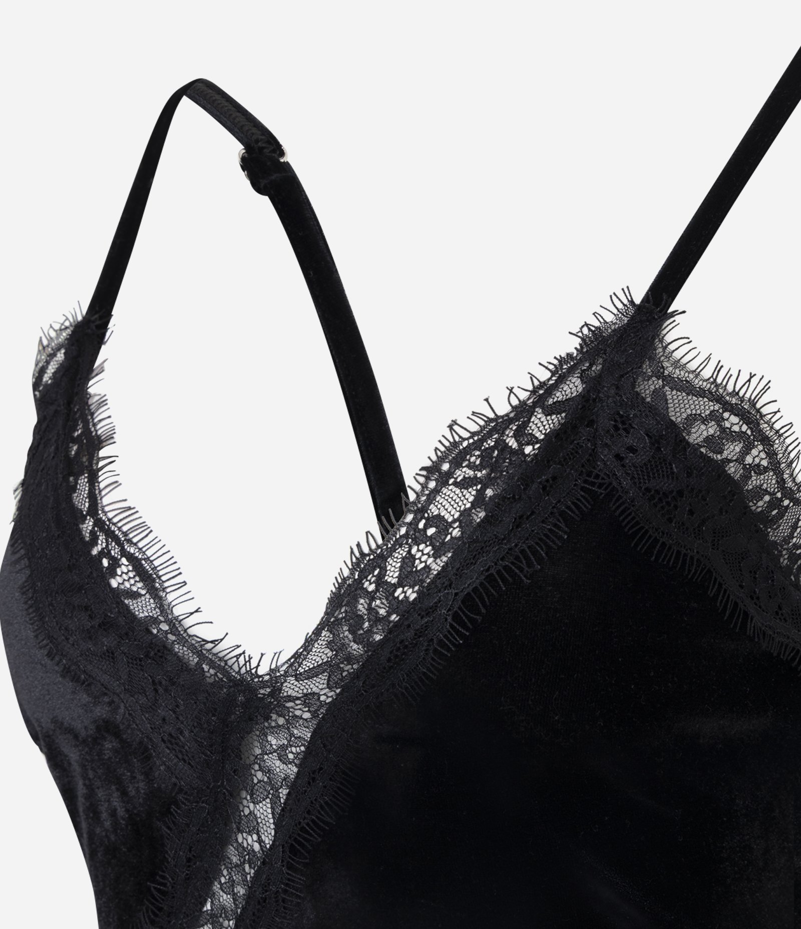 Vestido Midi Assimétrico em Veludo com Alcinha e Detalhes em Renda Preto 6