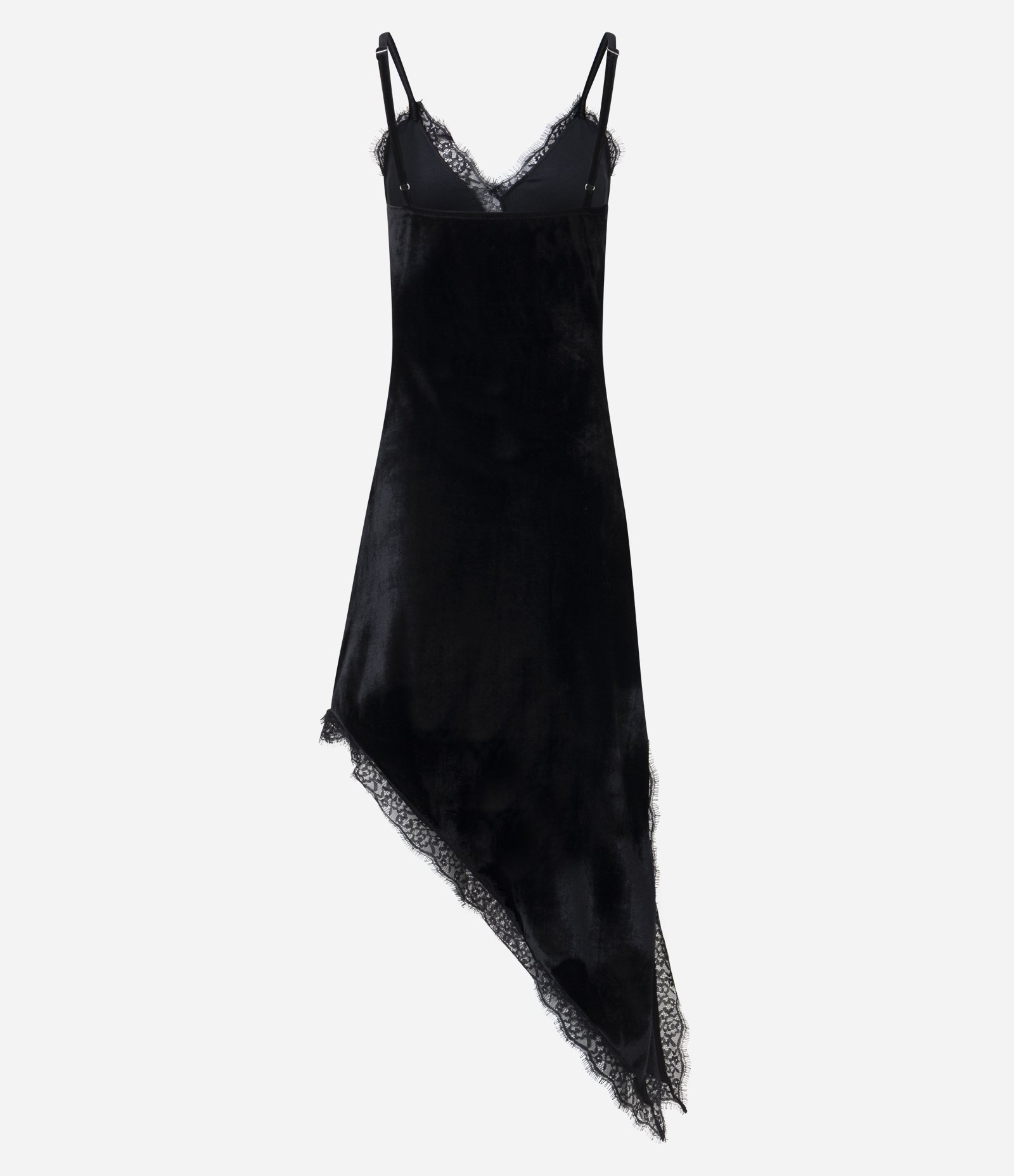 Vestido Midi Assimétrico em Veludo com Alcinha e Detalhes em Renda Preto 7