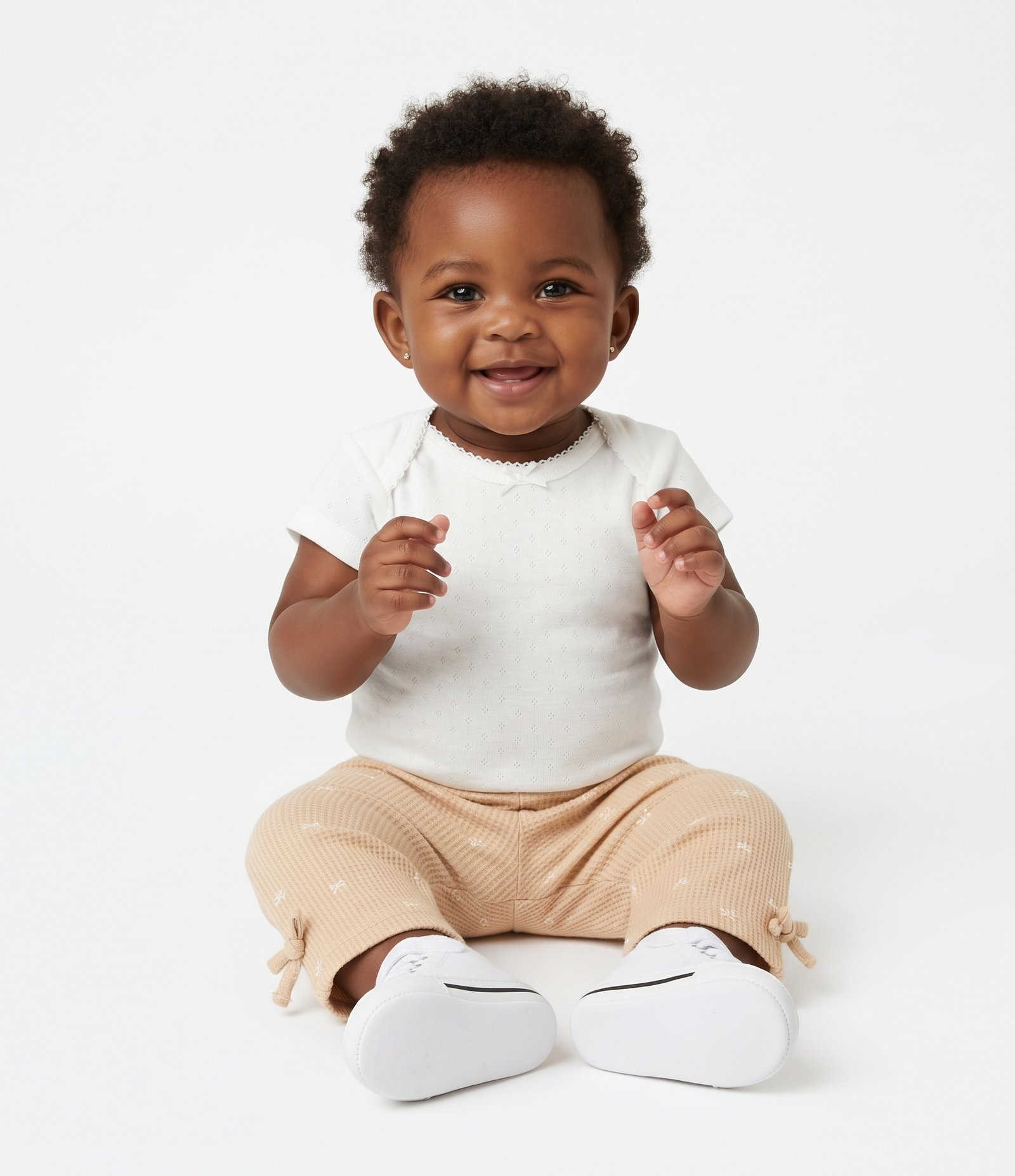 Calça Flare Bebê com Estampa de Corações - Tam 0 a 18 Meses Bege 1
