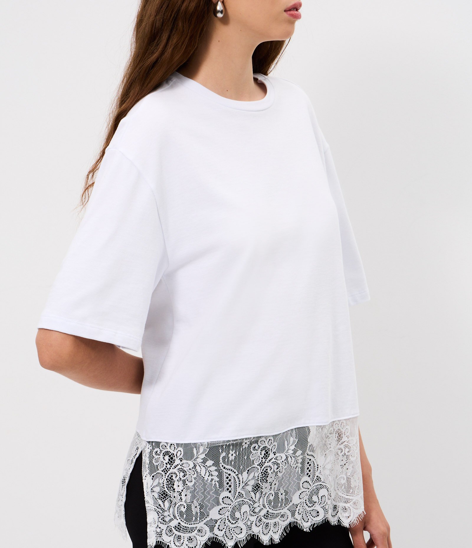 Camiseta Boxy em Algodão com Barra Rendada Branco 3