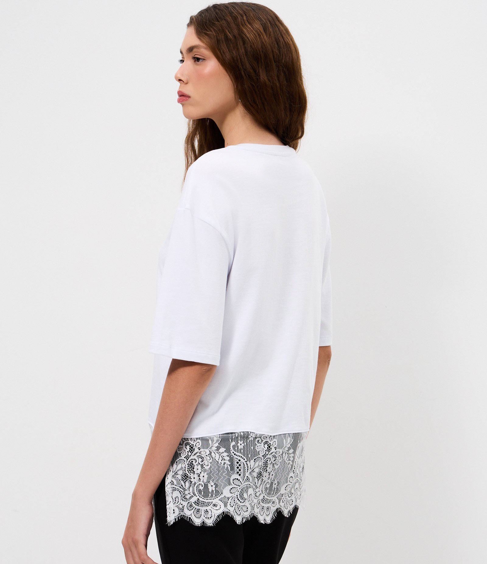Camiseta Boxy em Algodão com Barra Rendada Branco 4