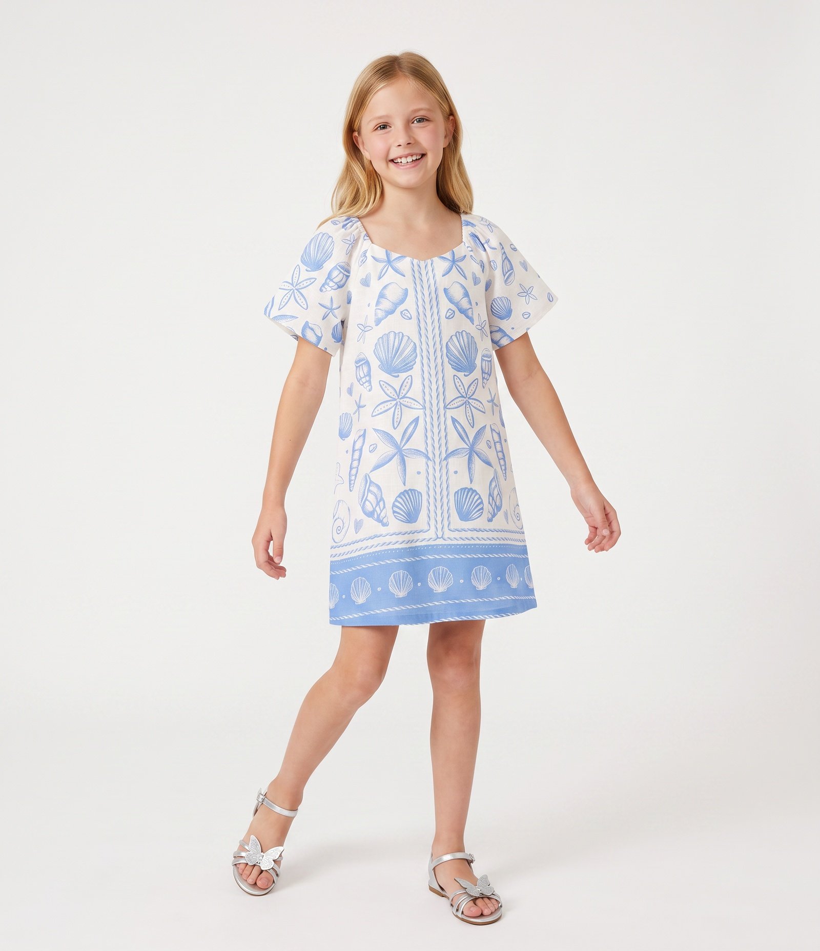 Vestido Infantil em Viscose Estampa Fundo do Mar – Tam 5 a 16 Anos Branco/Azul 1