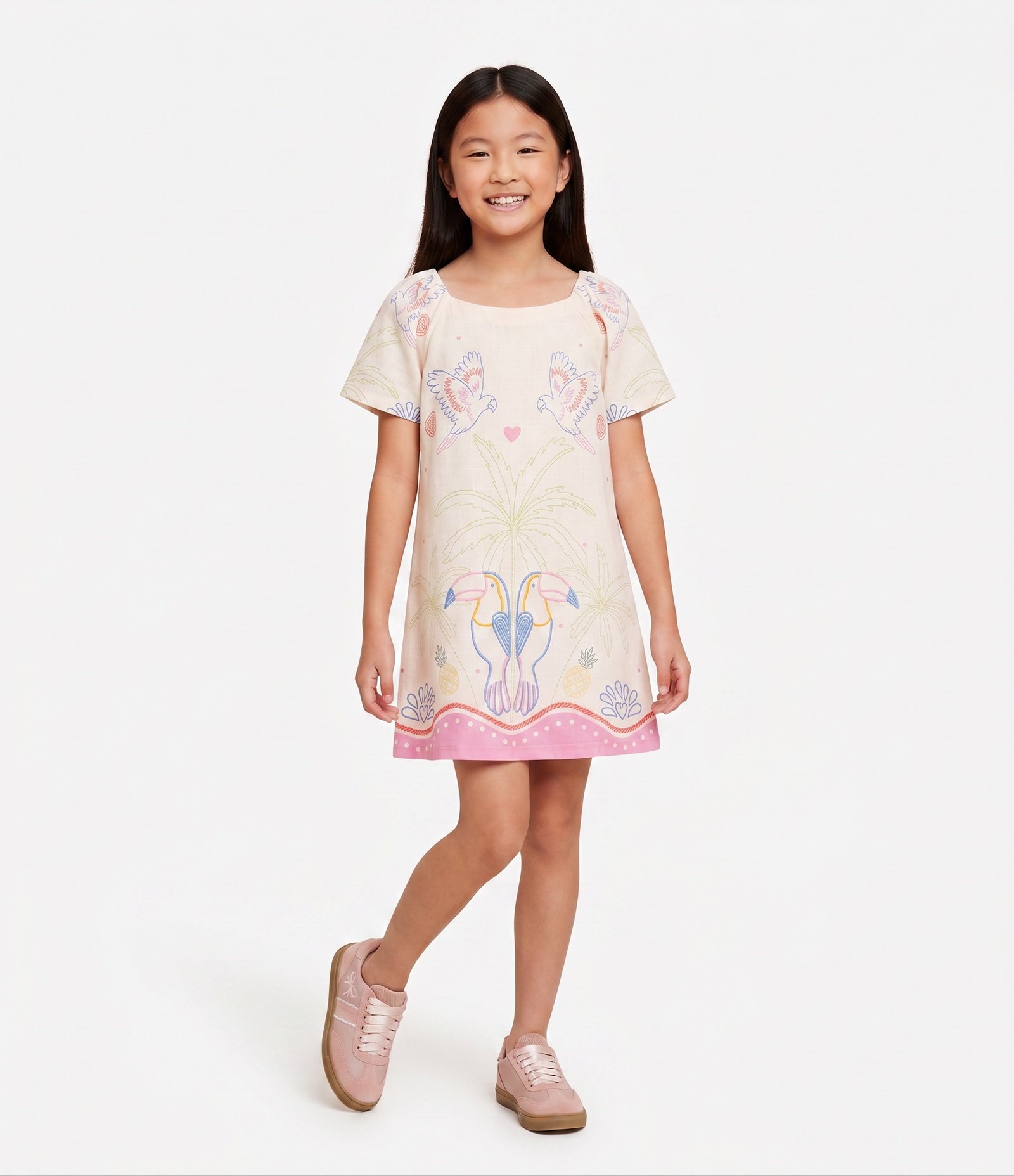 Vestido Infantil em Viscose com Estampa Tropical de Papagaios – Tam 5 a 16 Anos Bege claro 1