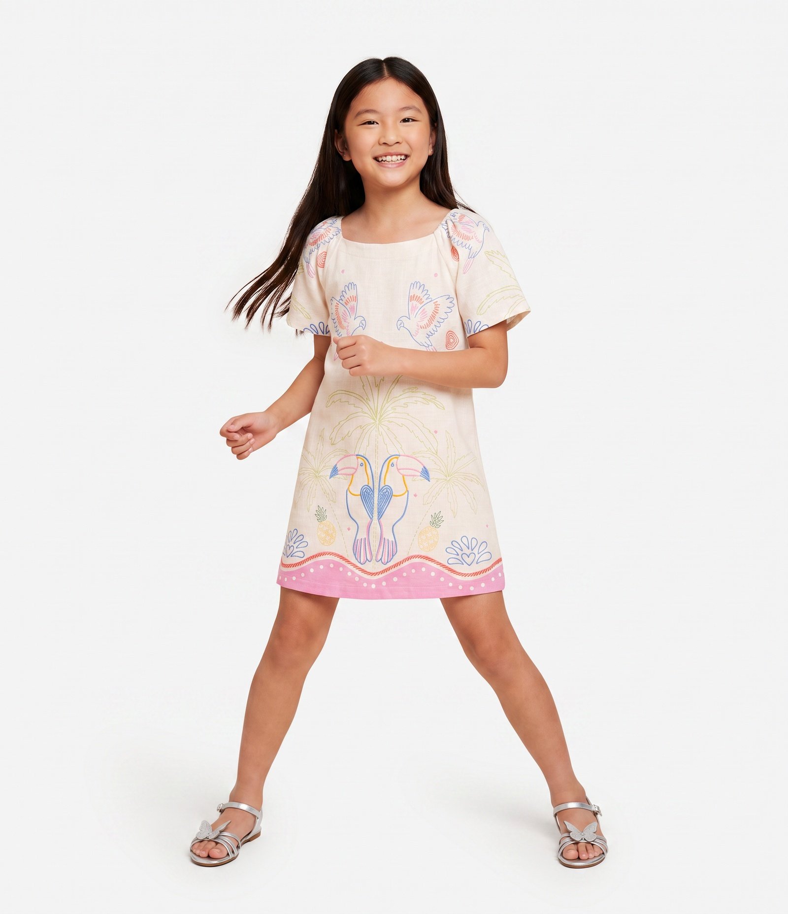 Vestido Infantil em Viscose com Estampa Tropical de Papagaios – Tam 5 a 16 Anos Bege claro 2
