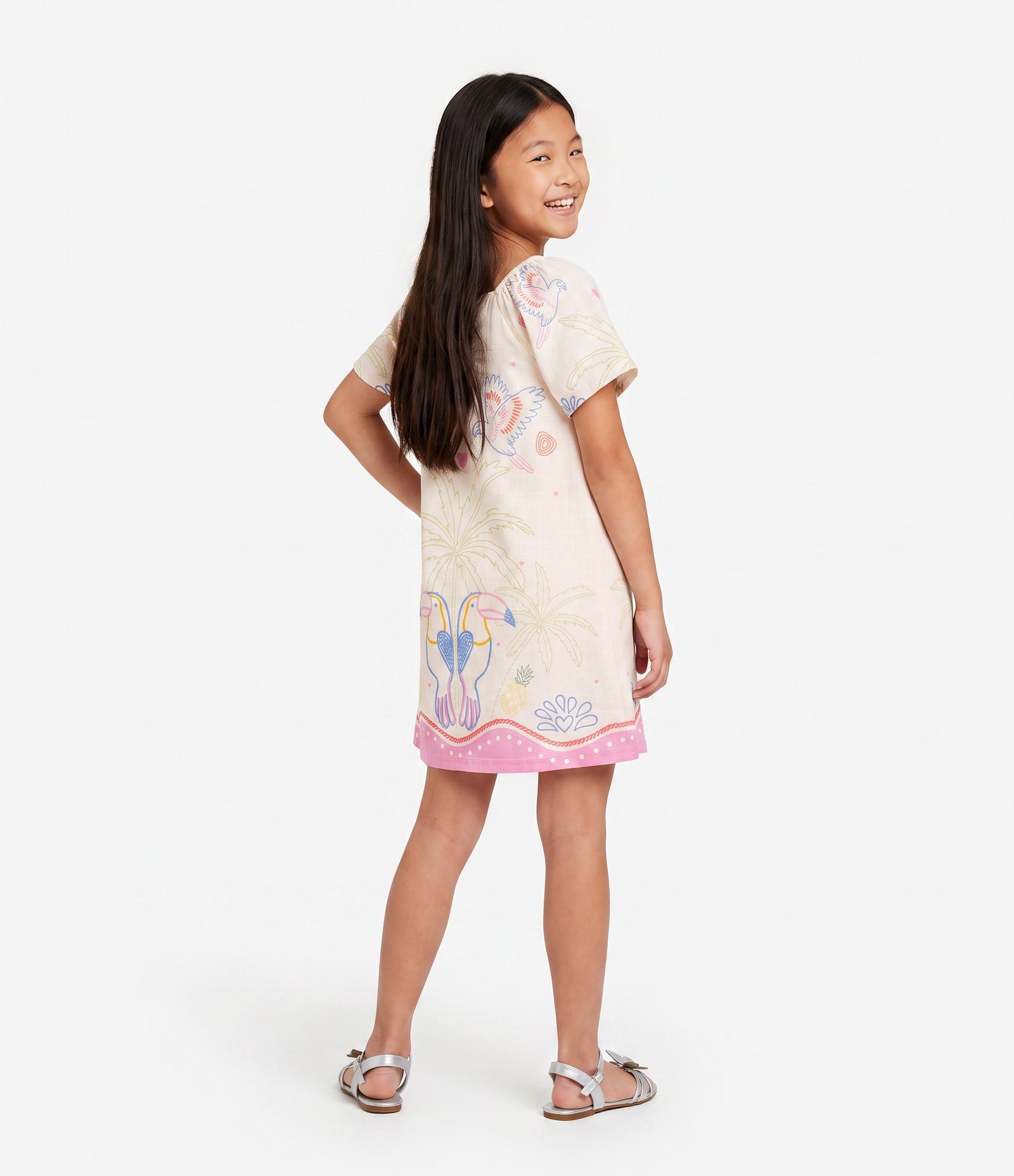 Vestido Infantil em Viscose com Estampa Tropical de Papagaios – Tam 5 a 16 Anos Bege claro 3