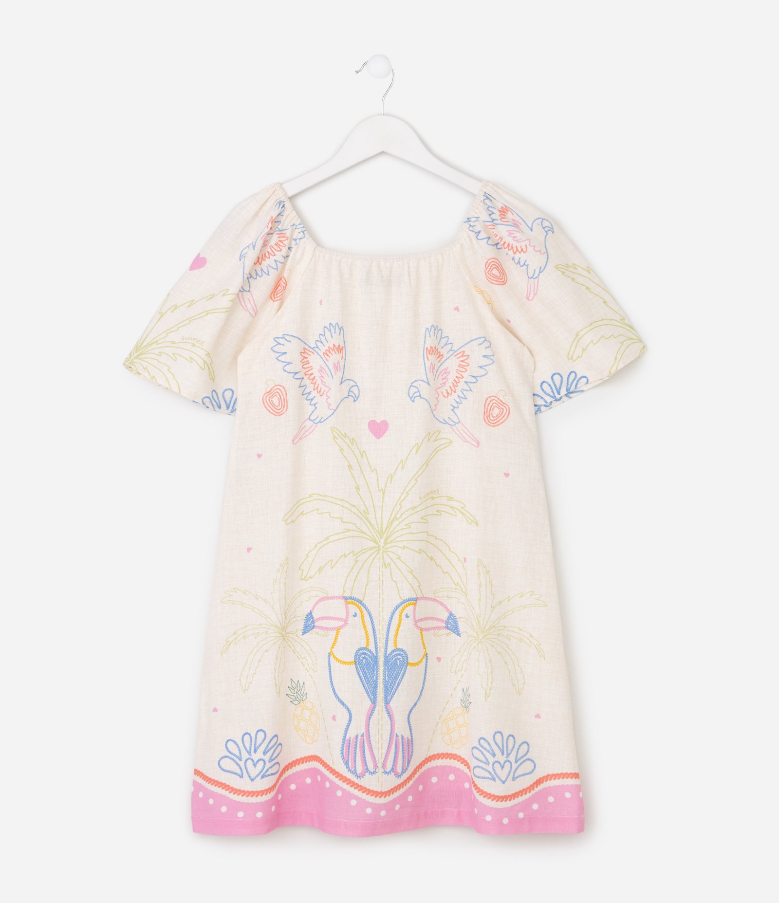Vestido Infantil em Viscose com Estampa Tropical de Papagaios – Tam 5 a 16 Anos Bege claro 4