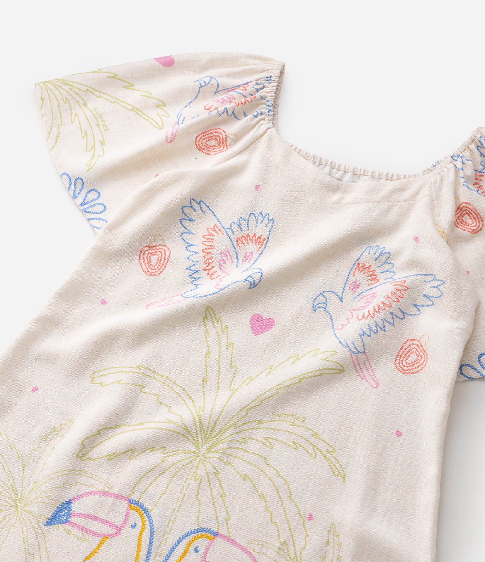Vestido Infantil em Viscose com Estampa Tropical de Papagaios – Tam 5 a 16 Anos Bege claro 6