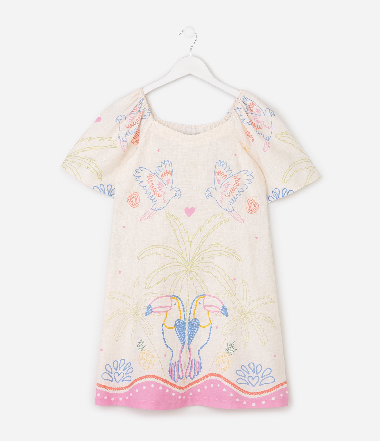 Vestido Infantil em Viscose com Estampa Tropical de Papagaios – Tam 5 a 16 Anos Bege claro 7