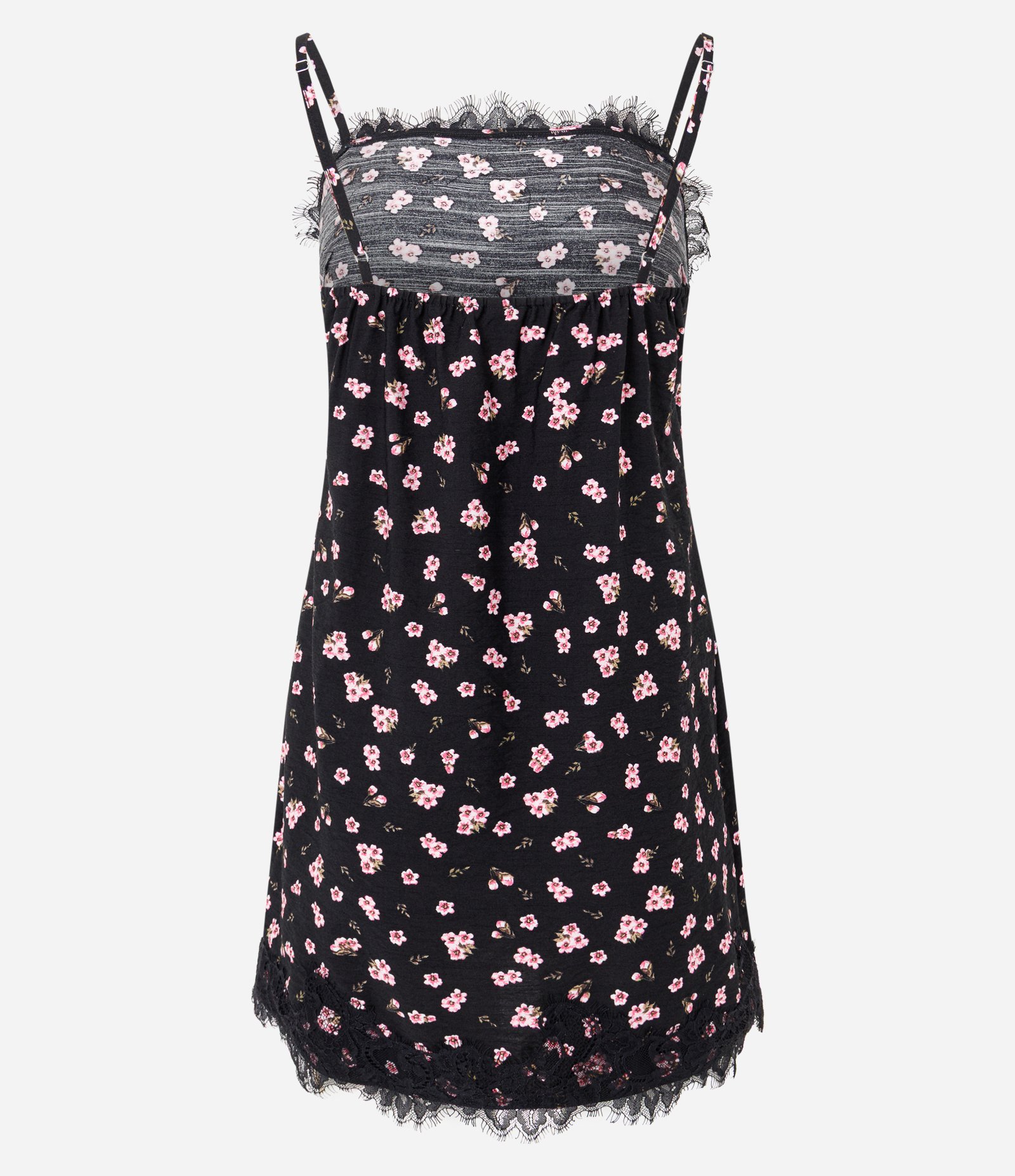 Vestido Curto Floral em Viscose Texturizada com Renda no Decote e Barra Preto 7