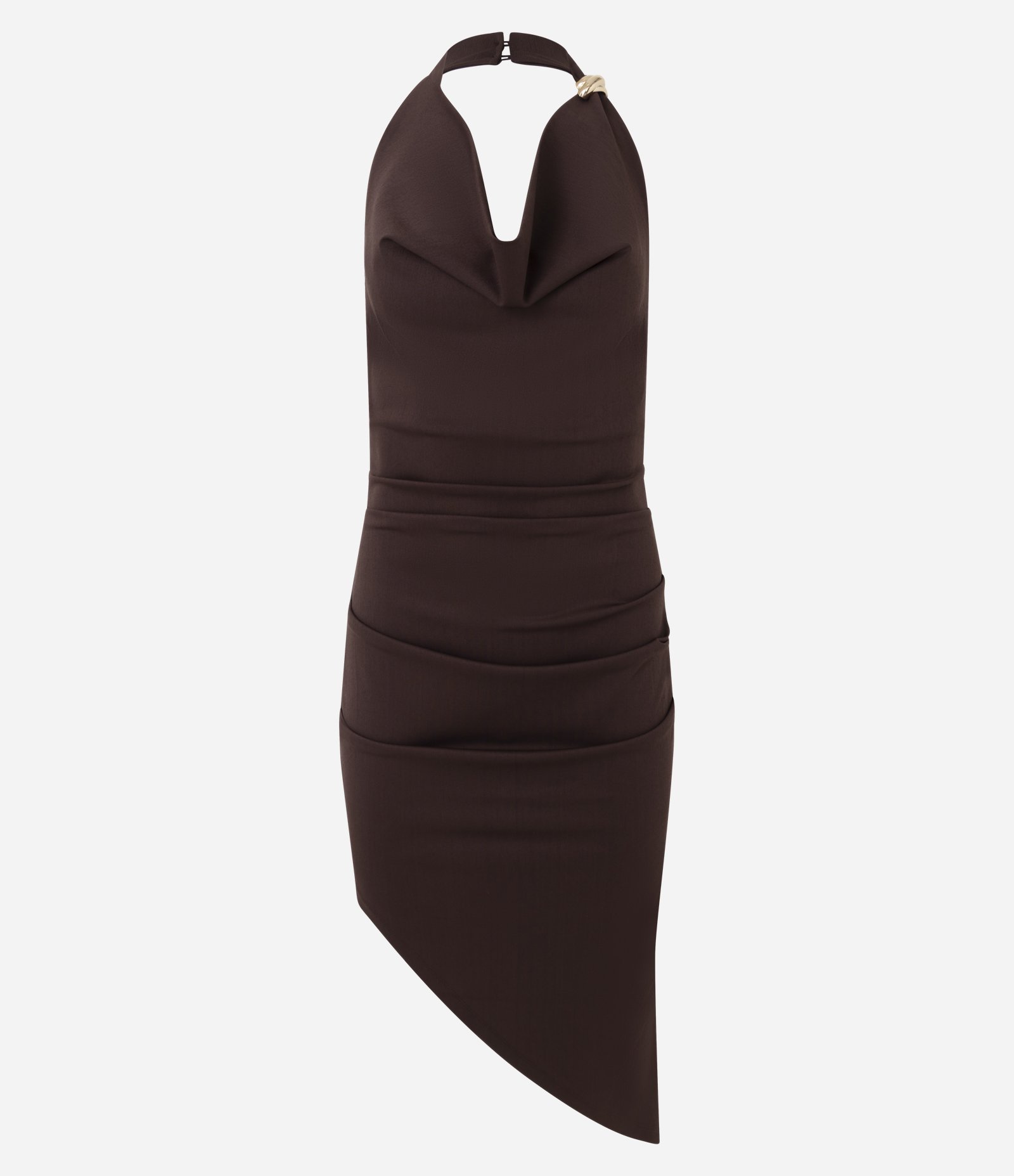 Vestido New Midi com Decote Degagê e Barra Assimétrica Marrom 5
