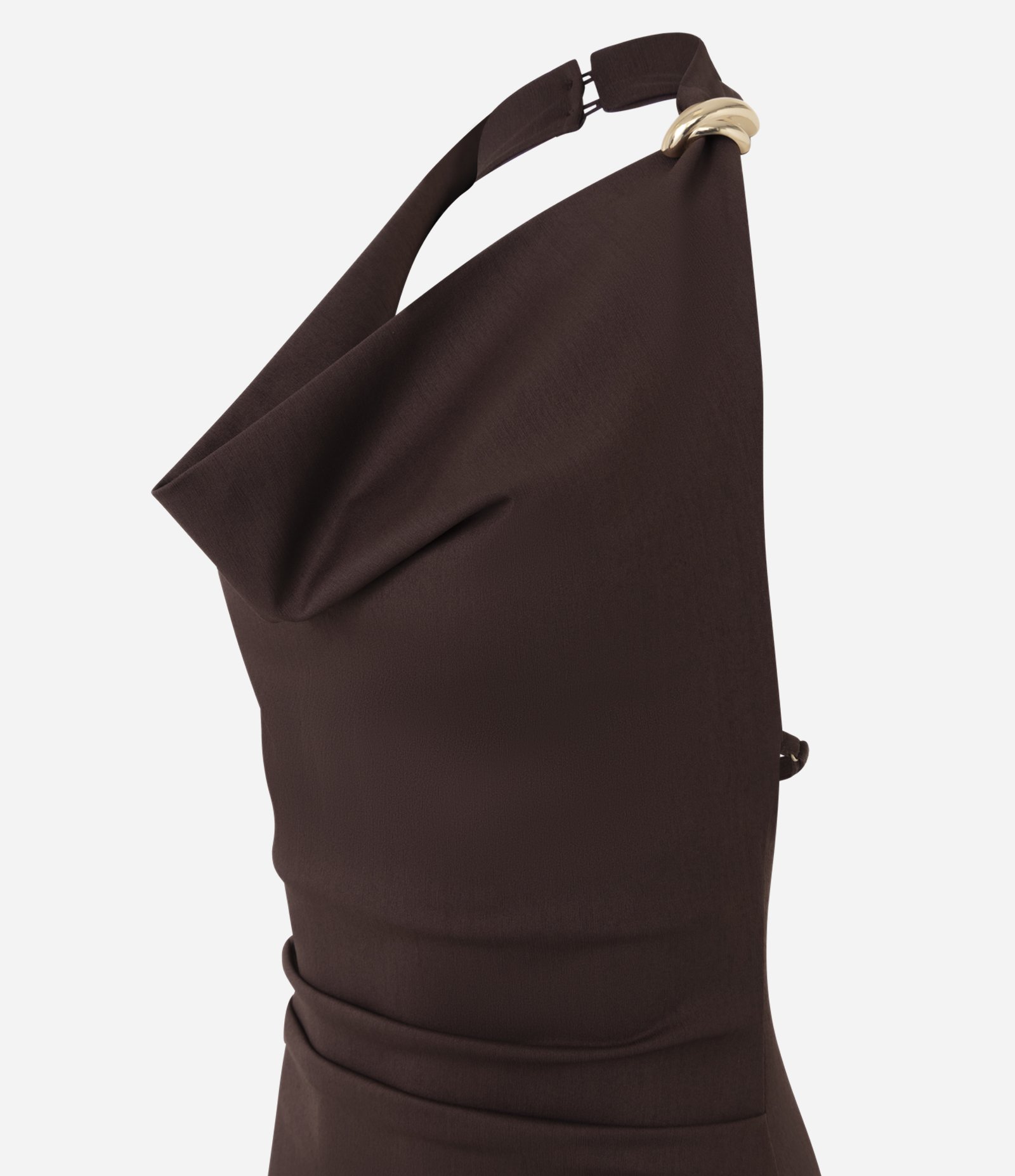 Vestido New Midi com Decote Degagê e Barra Assimétrica Marrom 6