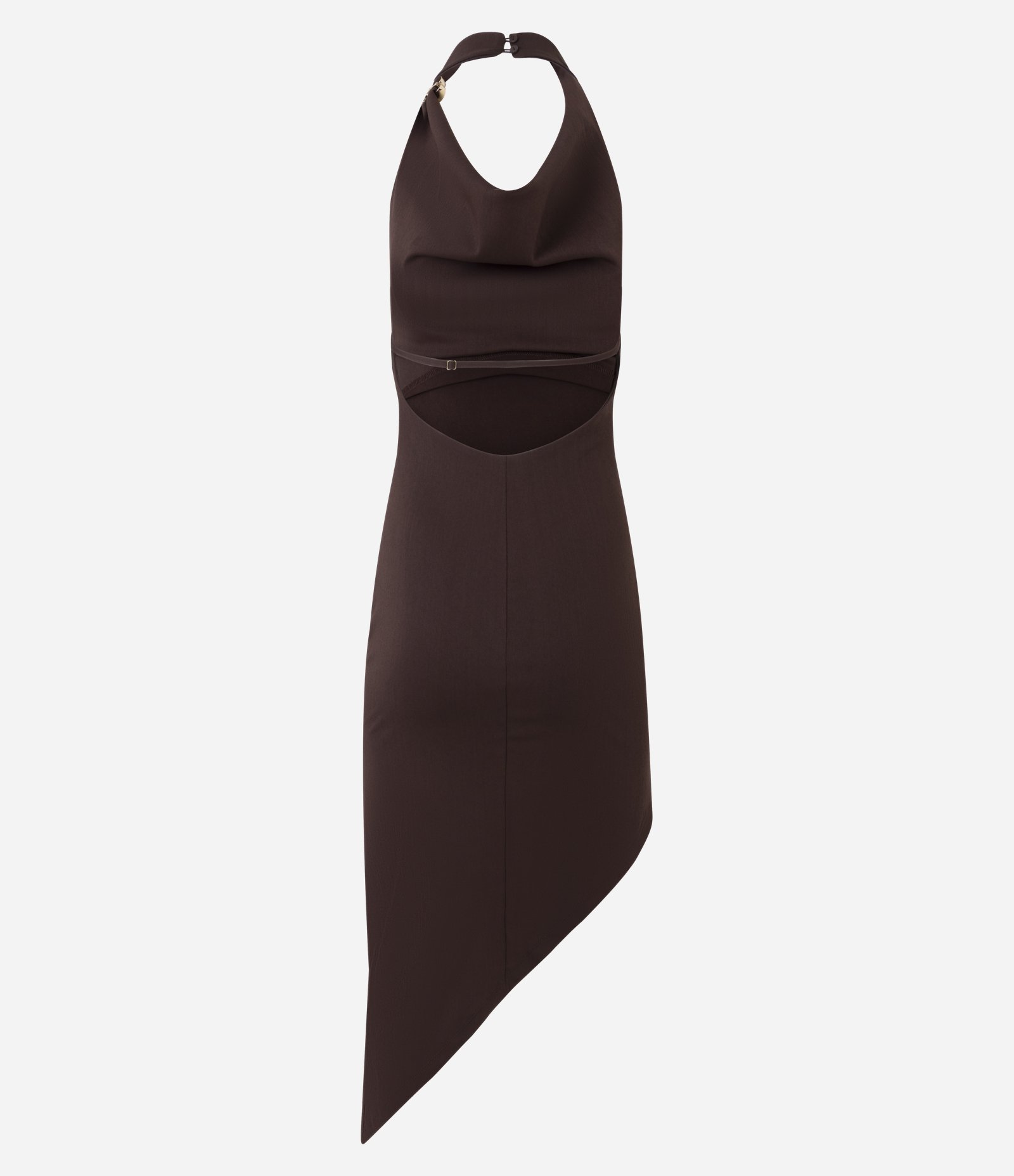 Vestido New Midi com Decote Degagê e Barra Assimétrica Marrom 7