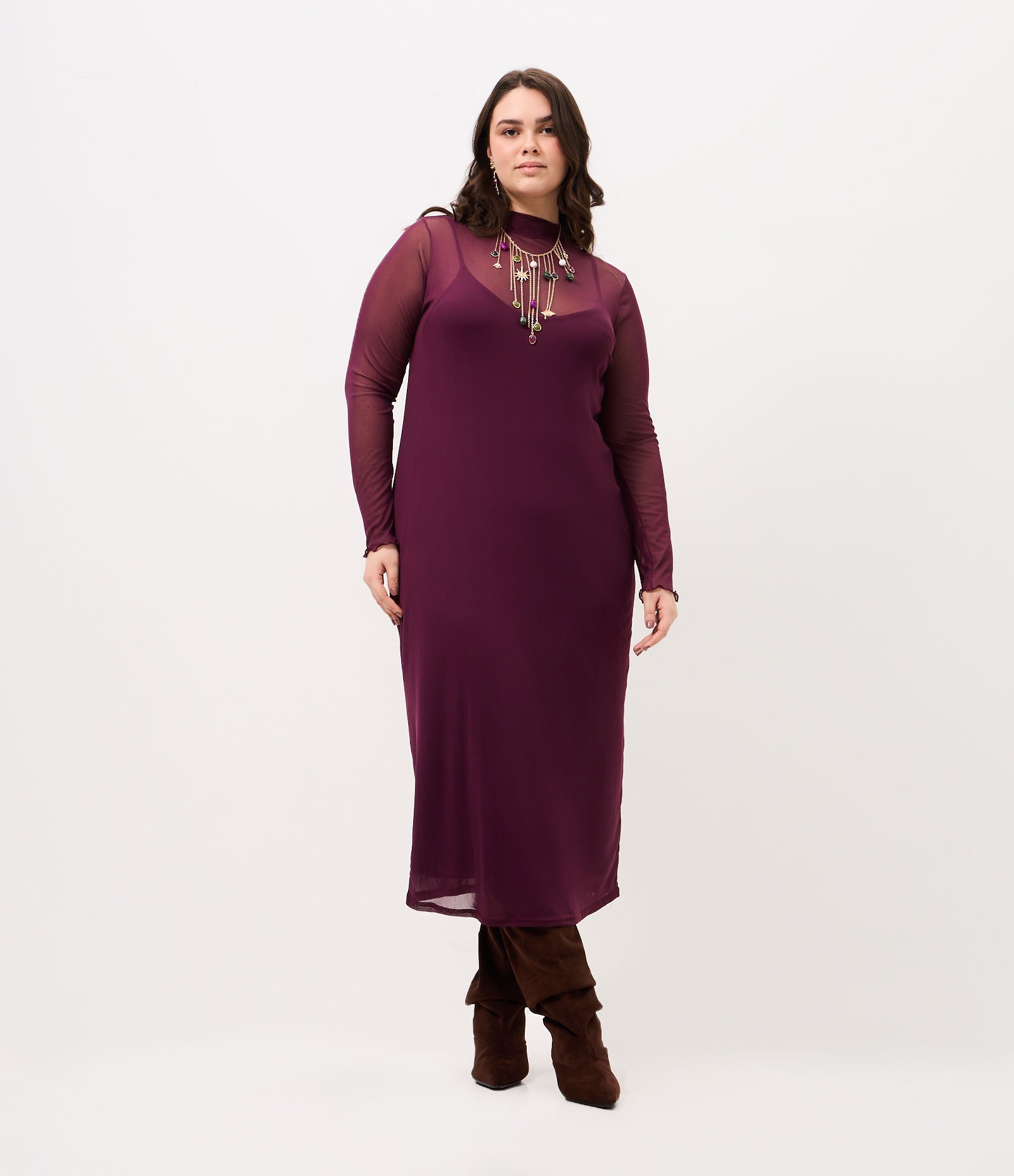 Vestido Midi em Tule com Manga Longa Curve & Plus Size Bordô 1