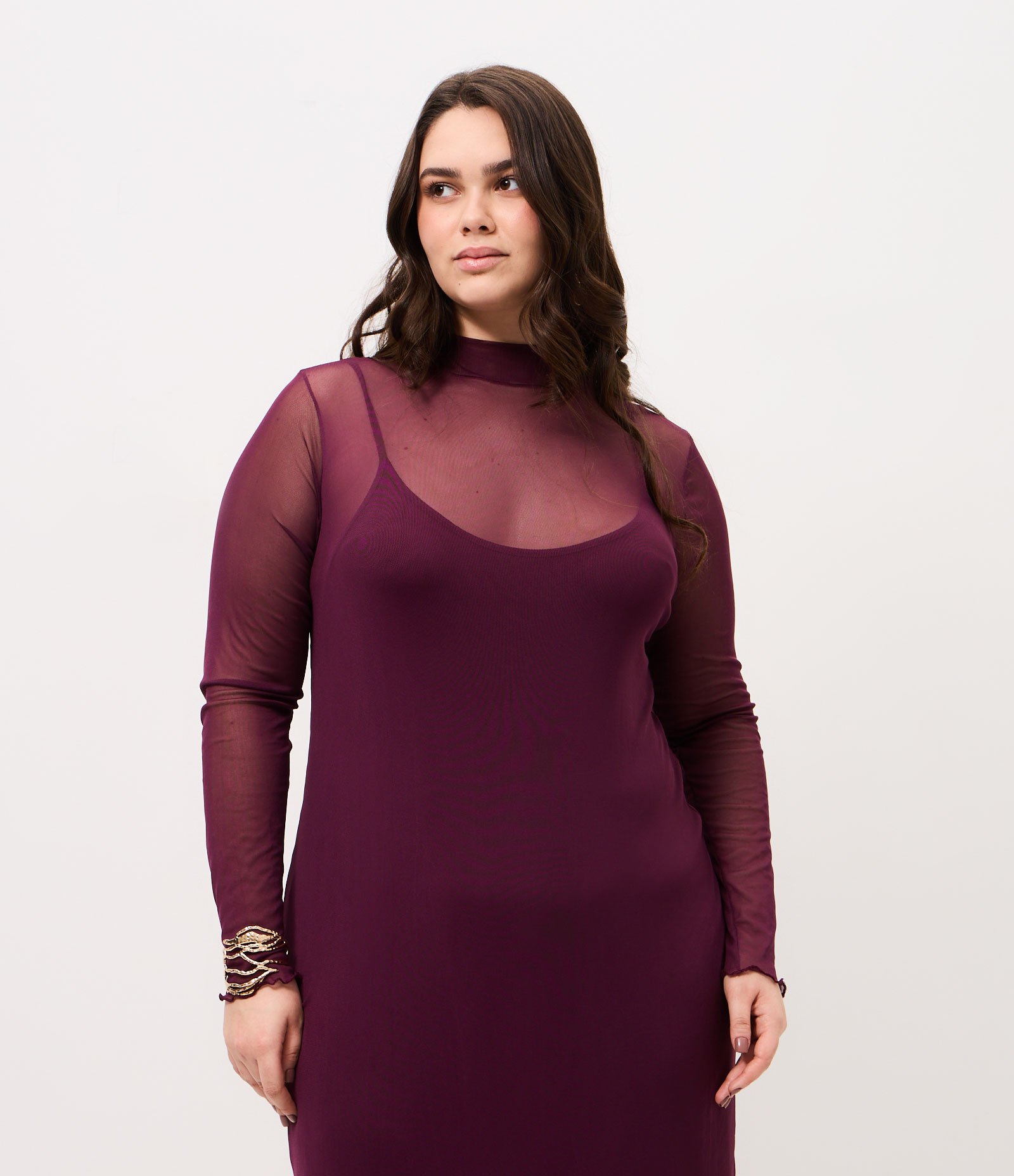 Vestido Midi em Tule com Manga Longa Curve & Plus Size Bordô 2