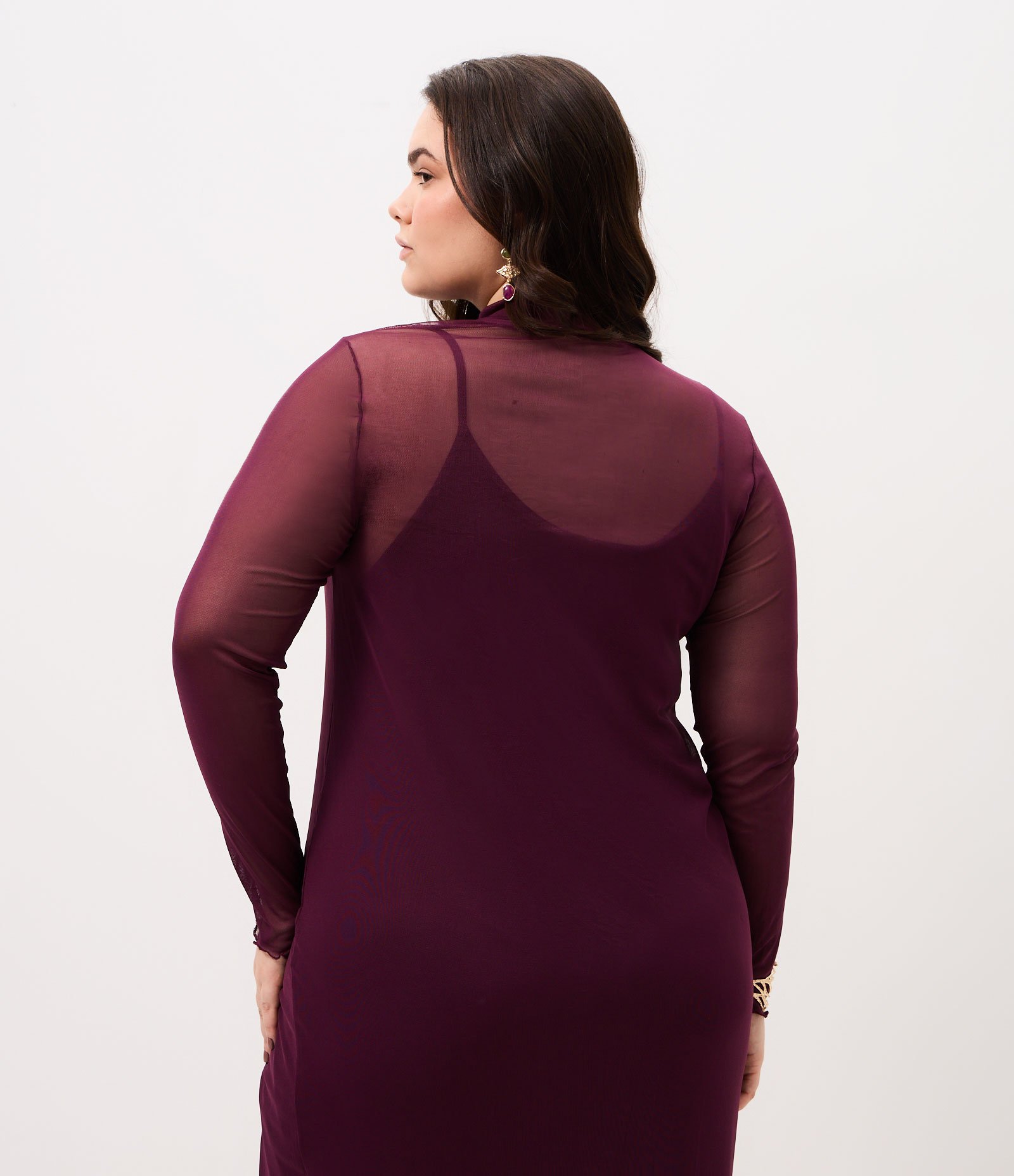 Vestido Midi em Tule com Manga Longa Curve & Plus Size Bordô 4