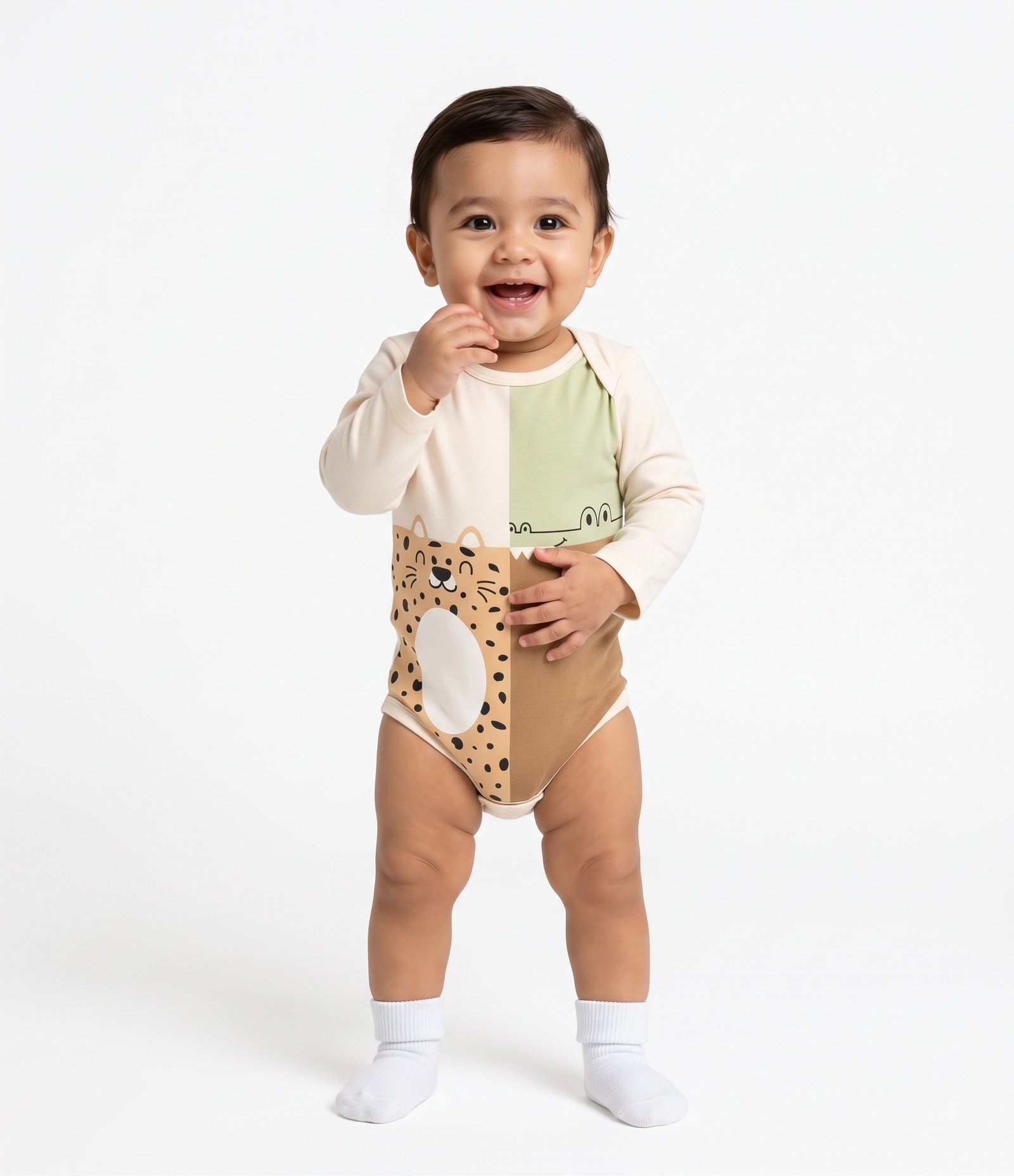 Body Bebê em Algodão com Recortes Estampa Tigre e Jacaré – Tam 0 a 18 Meses Bege 2