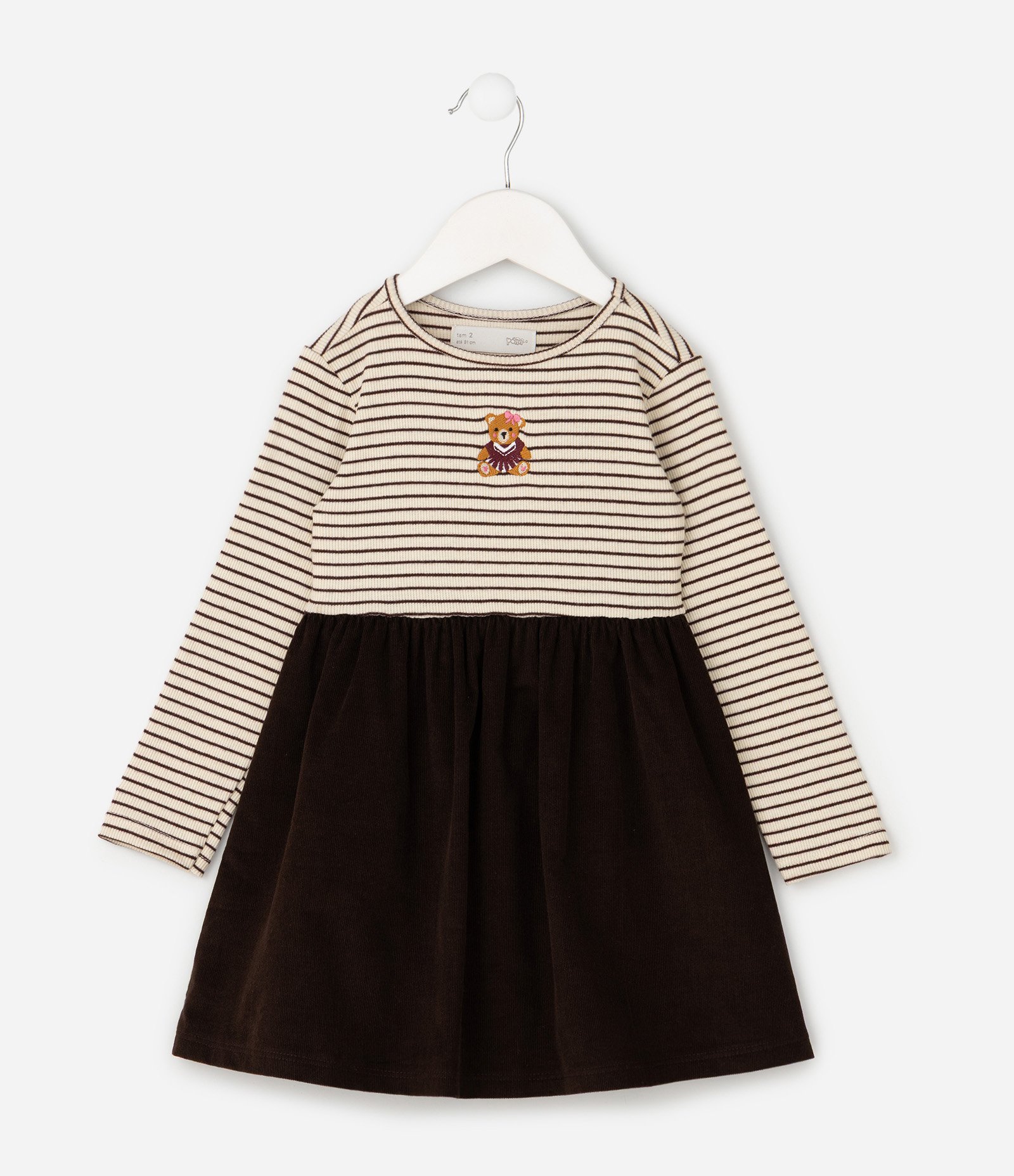 Vestido Slim Evasê Infantil com Veludo Cotelê e Bordado Urso – Tam 1 a 6 Anos Marrom/Bege 1