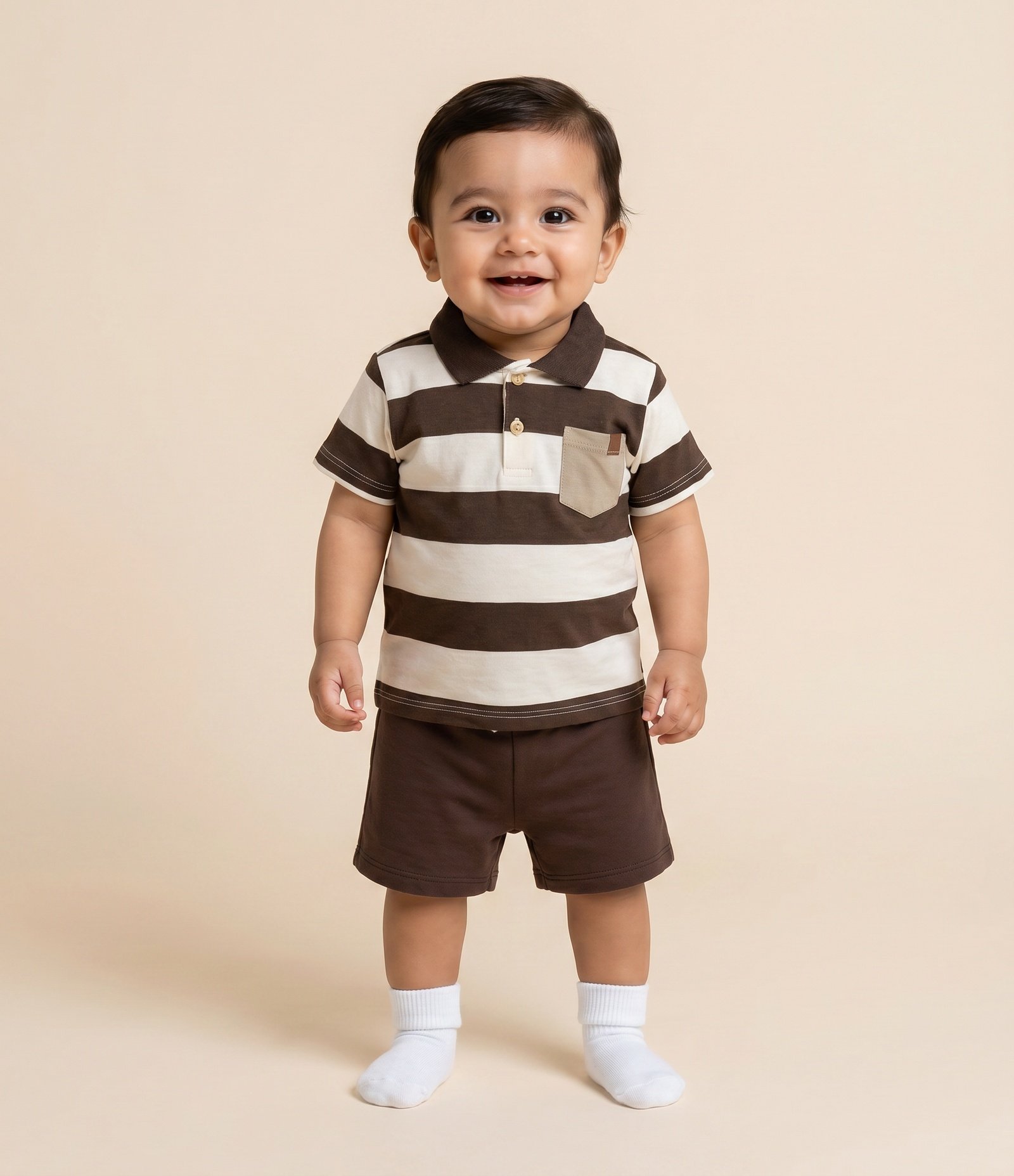 Conjunto Bebê em Algodão Listrado com Bolsinho – Tam 0 a 18 Meses Marrom 1
