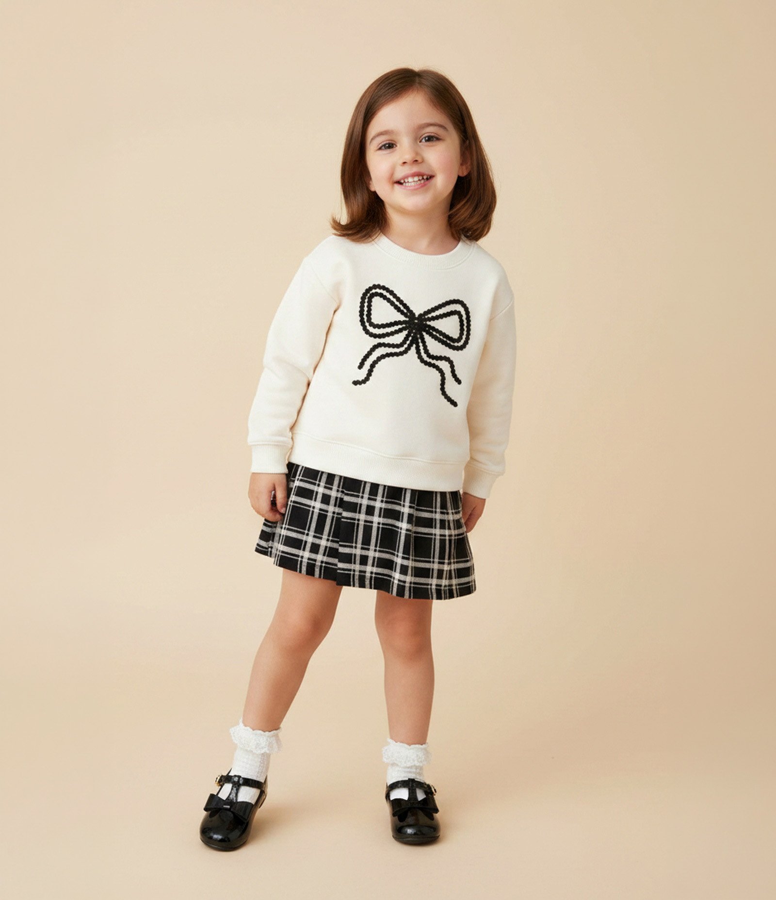 Vestido Infantil com Saia Xadrez e Aplicação de Laço – Tam 1 a 6 Anos Off White/Preto 1