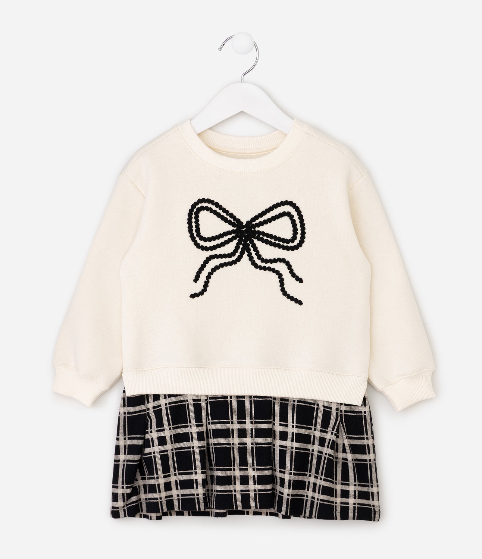 Vestido Infantil com Saia Xadrez e Aplicação de Laço – Tam 1 a 6 Anos Off White/Preto 2