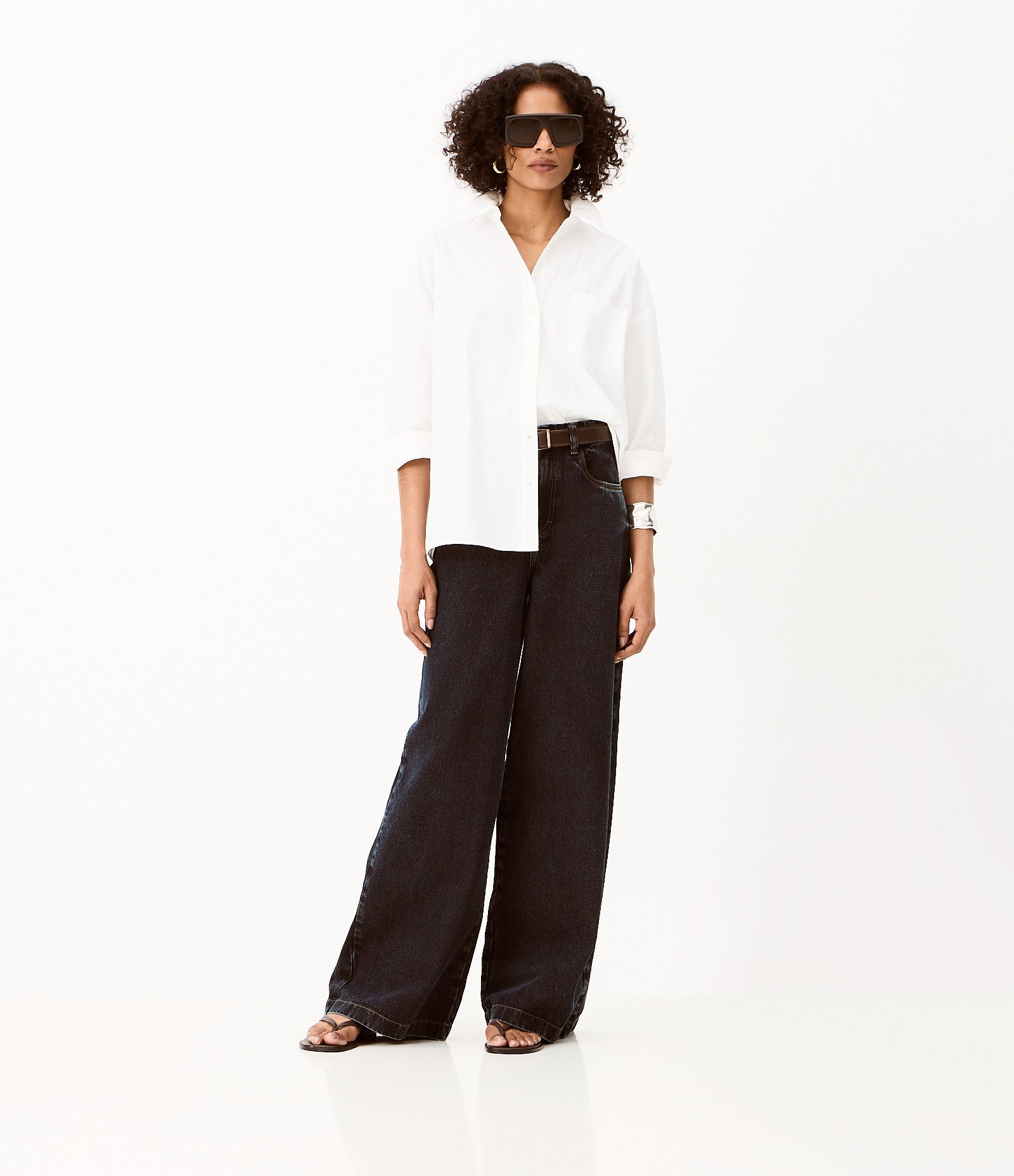 Calça Pantalona em Jeans com Cintura Alta Escuro 1