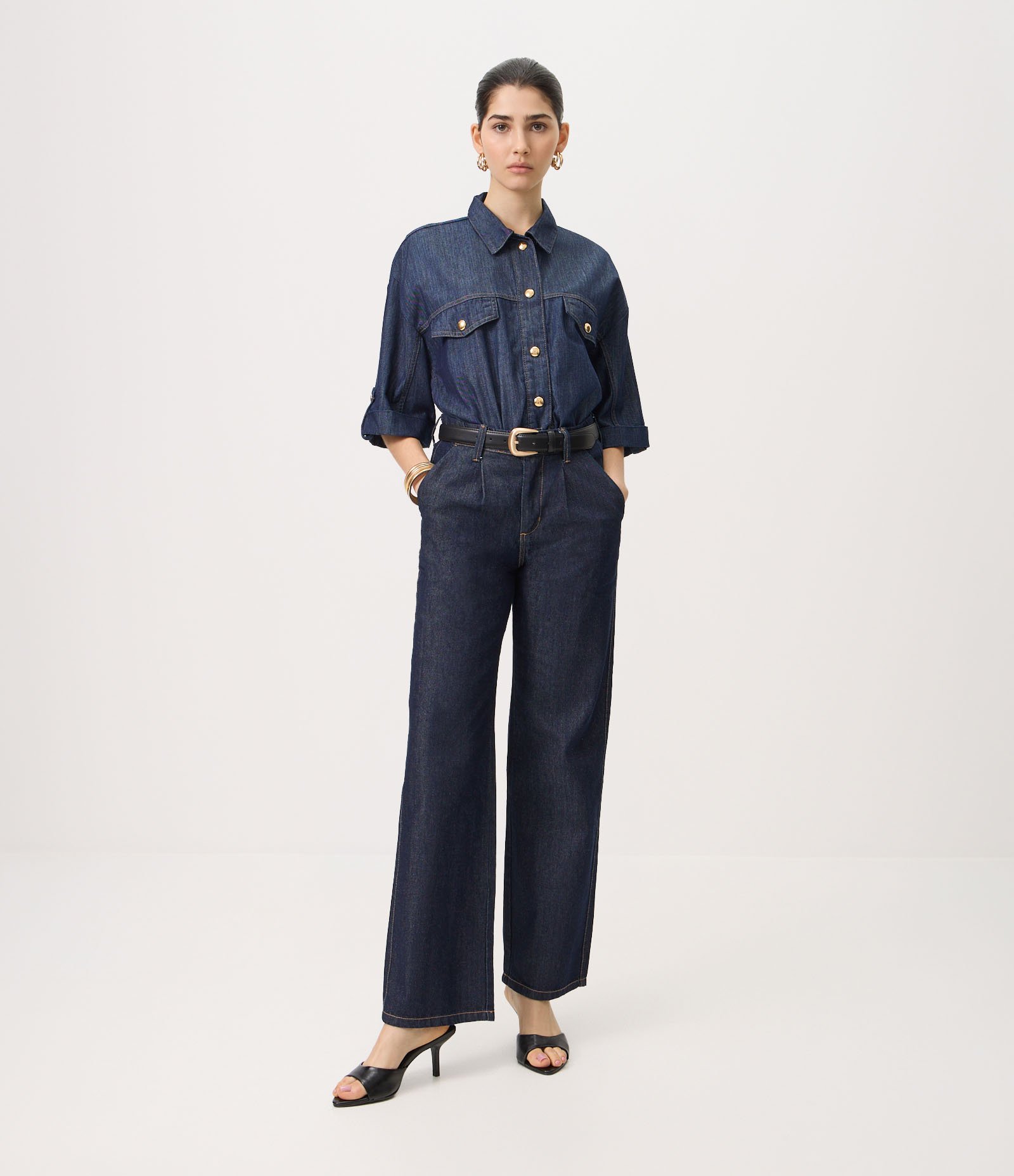 Calça Jeans Reta Comfort Alfaiatada com Pregas Frontais Azul Escuro 1