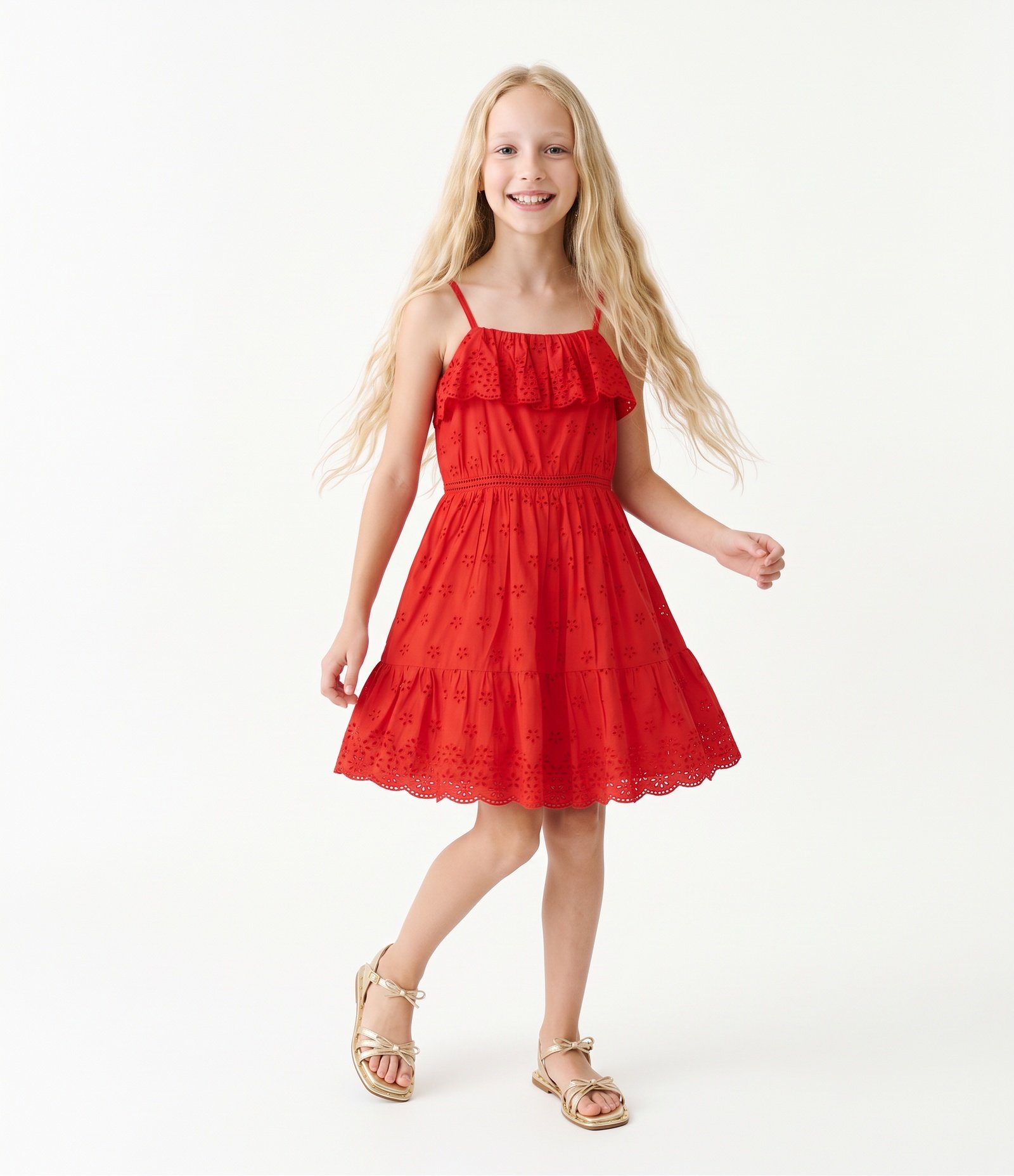 Vestido Infantil em Algodão com Babado e Bordado - Tam 5 a 16 Anos Vermelho 1