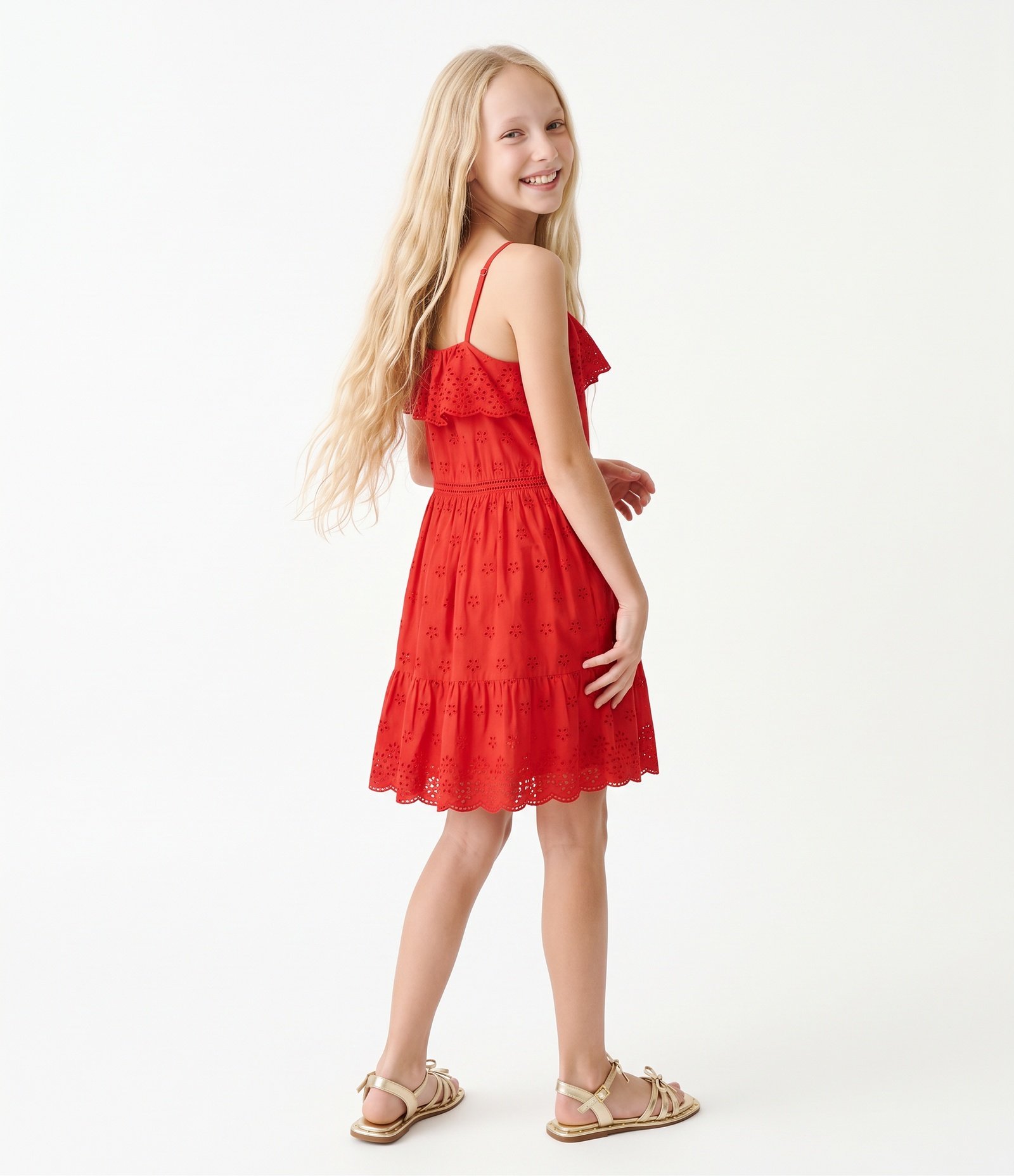 Vestido Infantil em Algodão com Babado e Bordado - Tam 5 a 16 Anos Vermelho 7