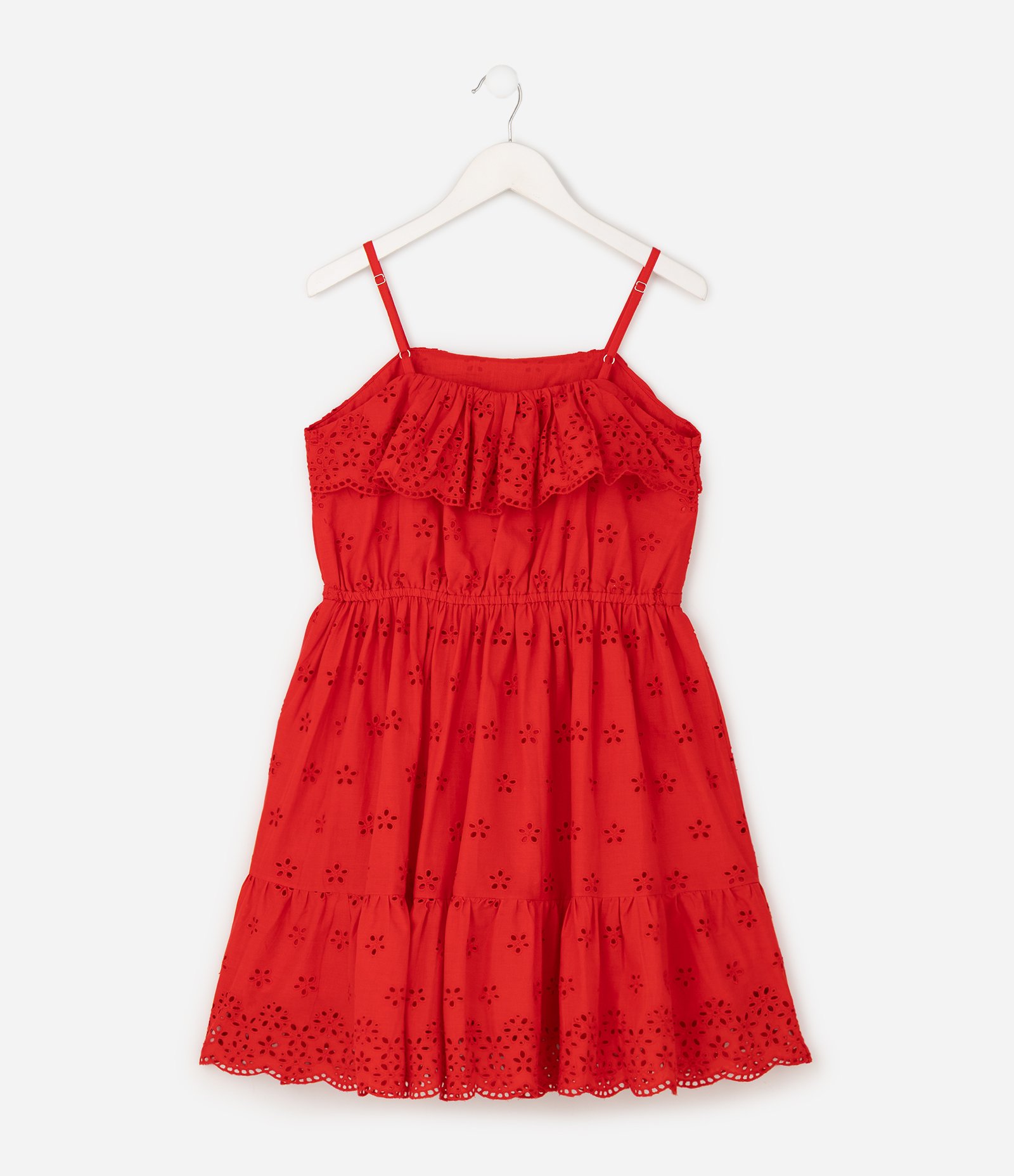 Vestido Infantil Em Algodão Com Babado e Bordado Vazado - Tam 5 a 16 Anos Vermelho 2