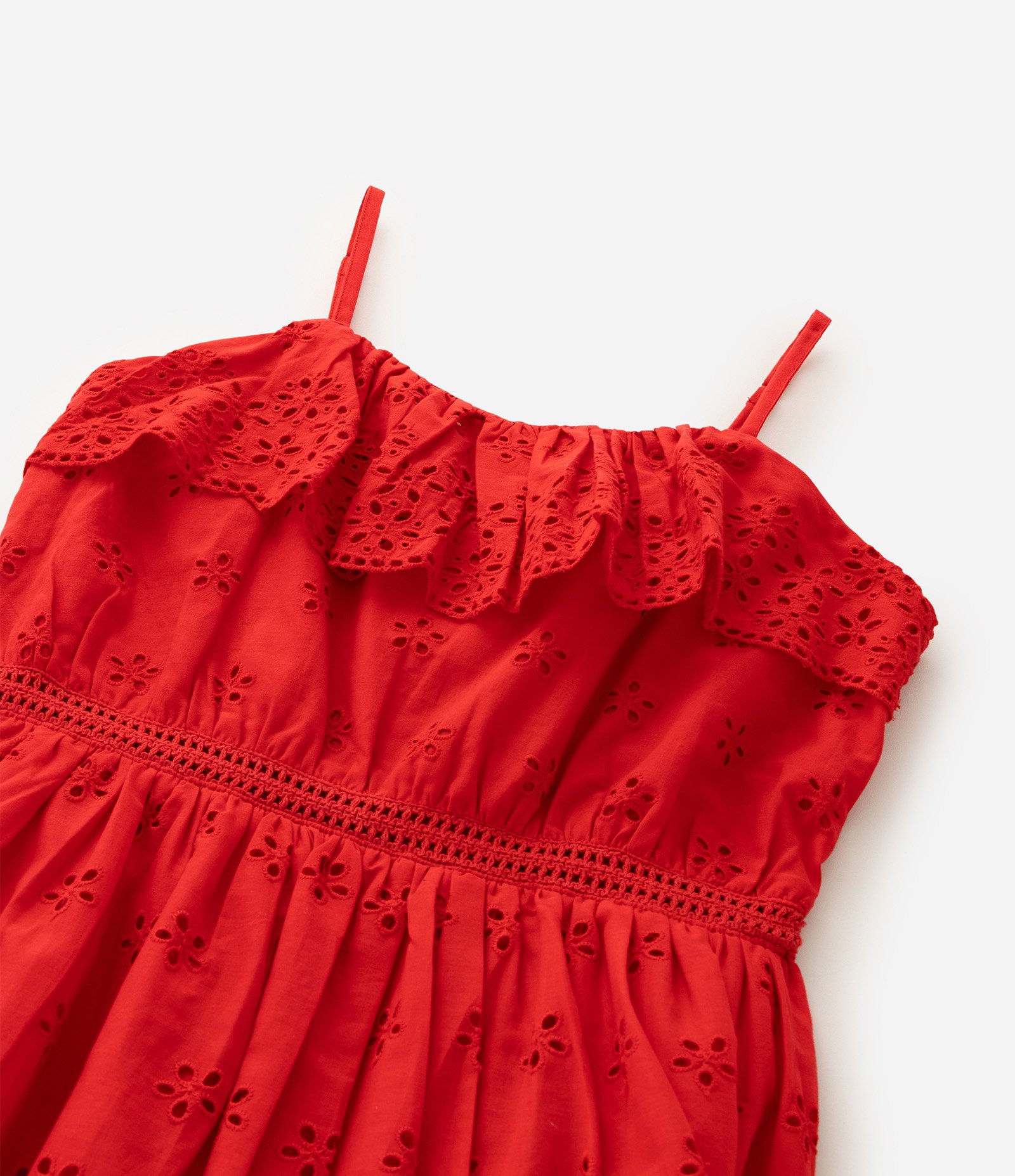 Vestido Infantil Em Algodão Com Babado e Bordado Vazado - Tam 5 a 16 Anos Vermelho 4