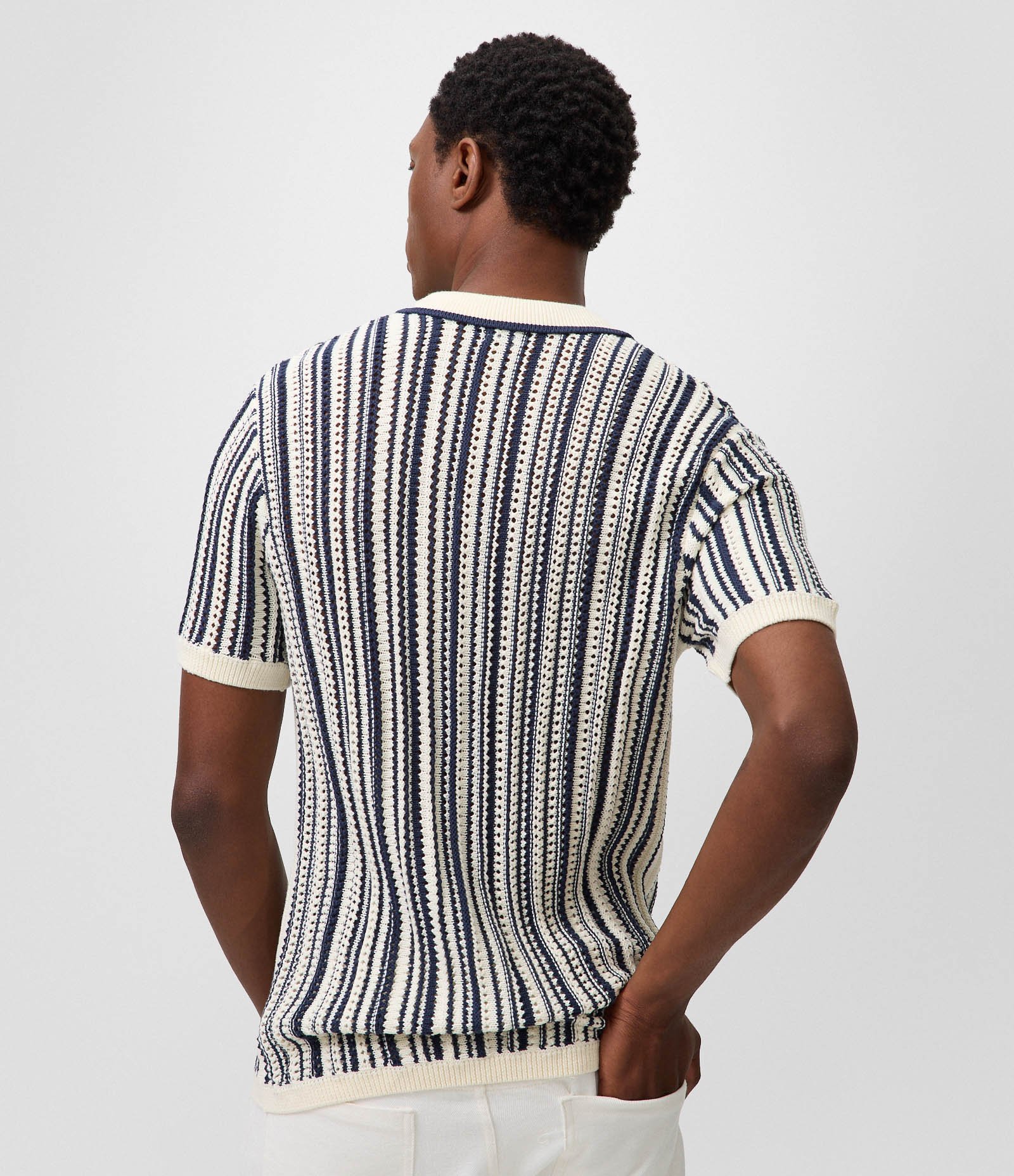 Polo Crochê em Algodão Listrada com Fio Tinto Azul 3