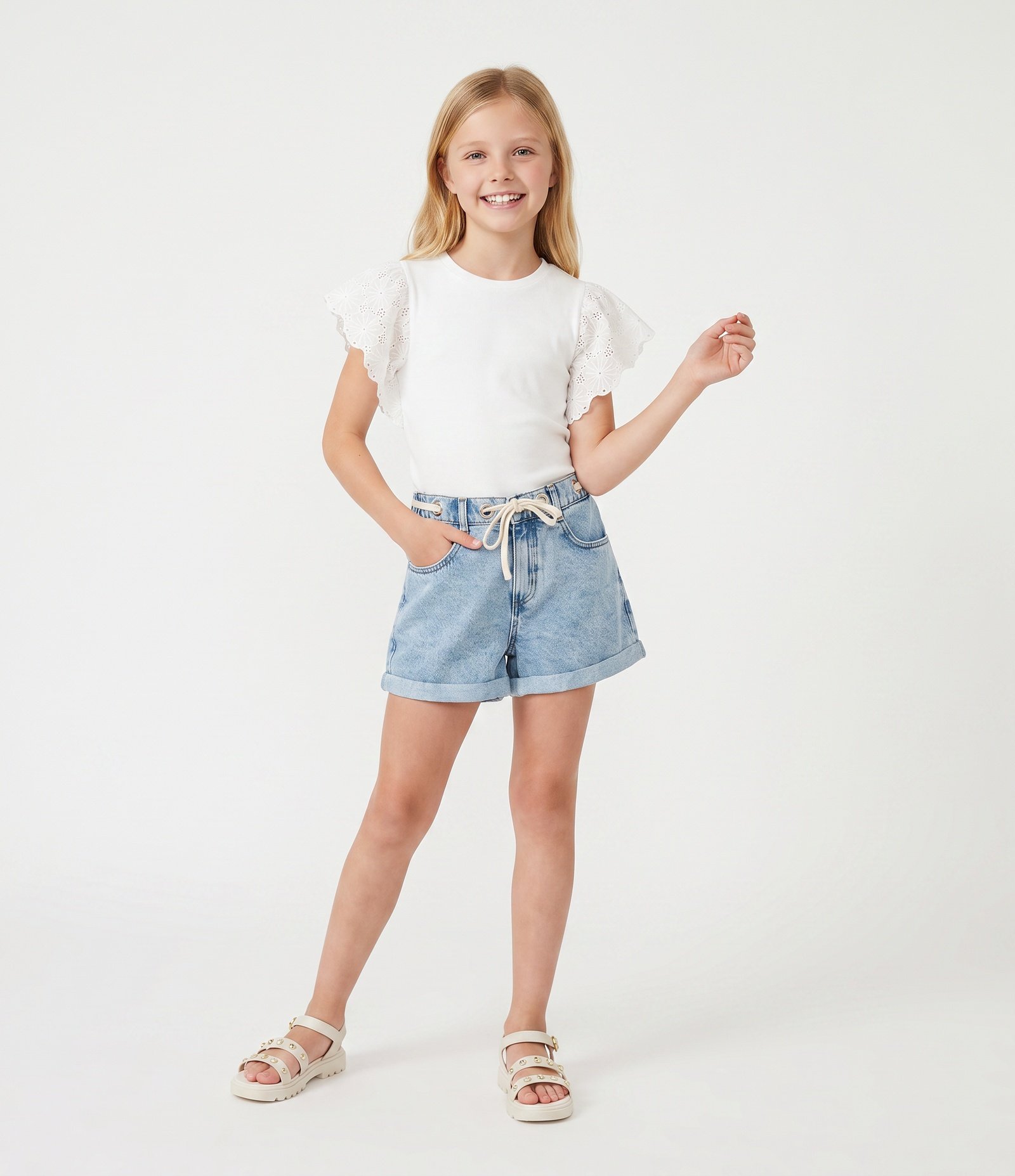 Camiseta Infantil com Manga em Bordado Inglês Tam 5 a 16 Anos Branco 1